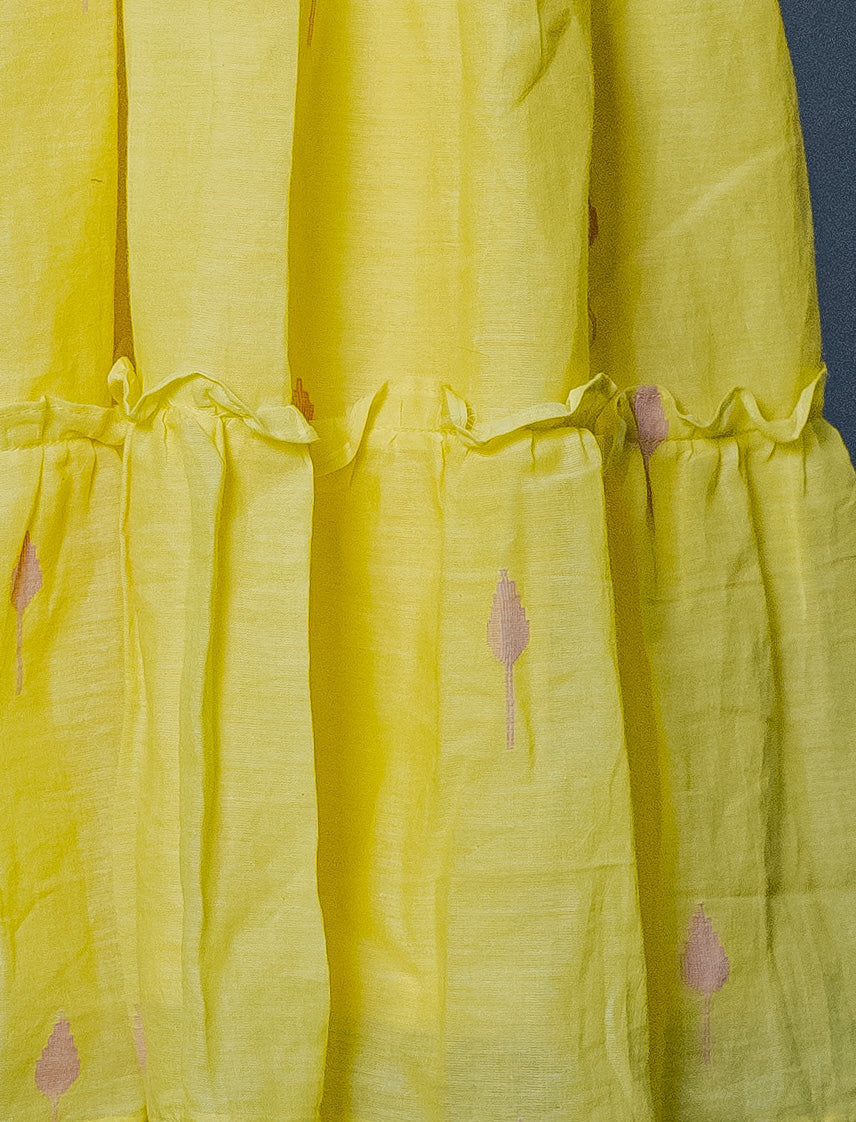 Kids girls yellow cotton jamdani hand smocked dress with beads detail