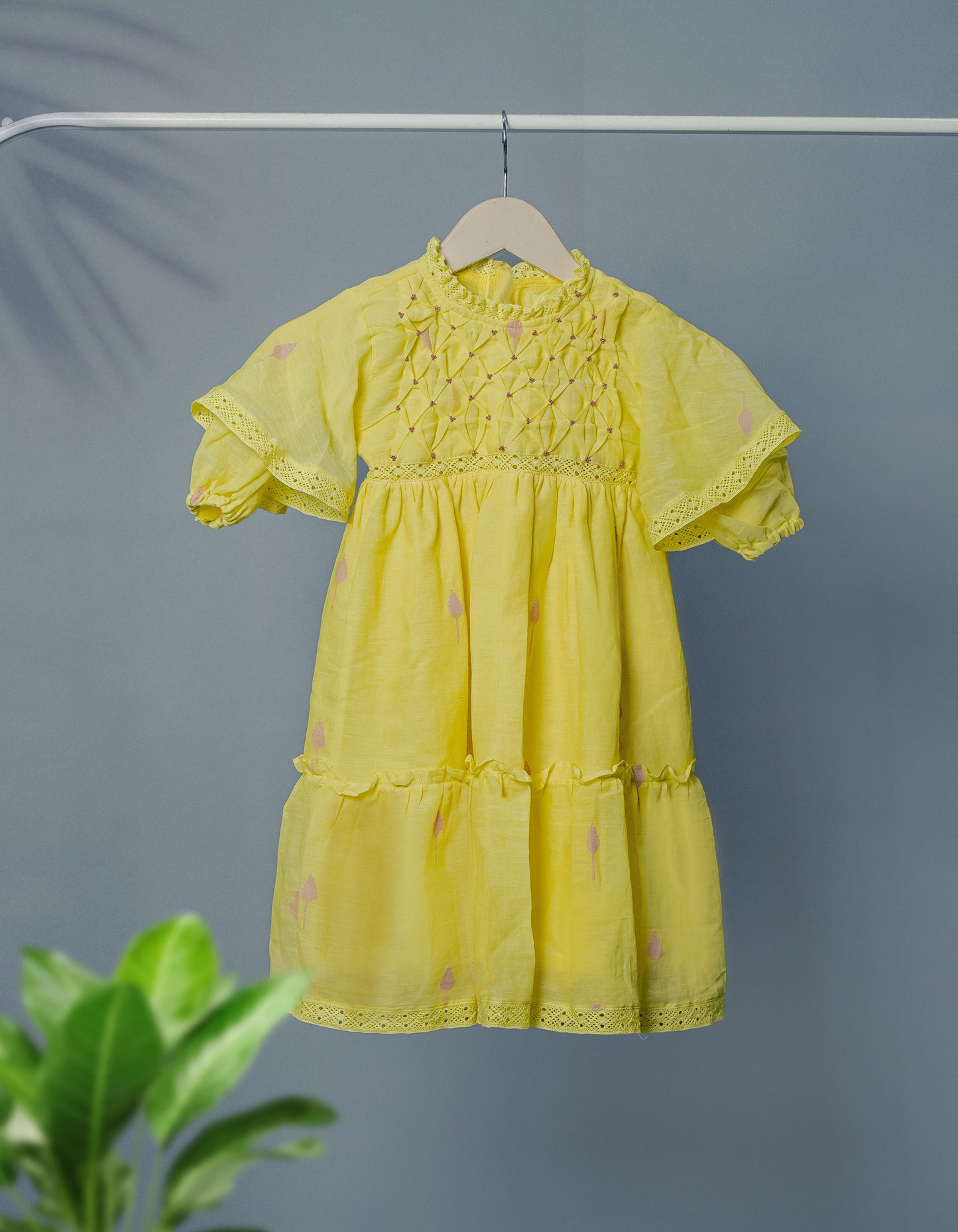 Kids girls yellow cotton jamdani hand smocked dress with beads detail