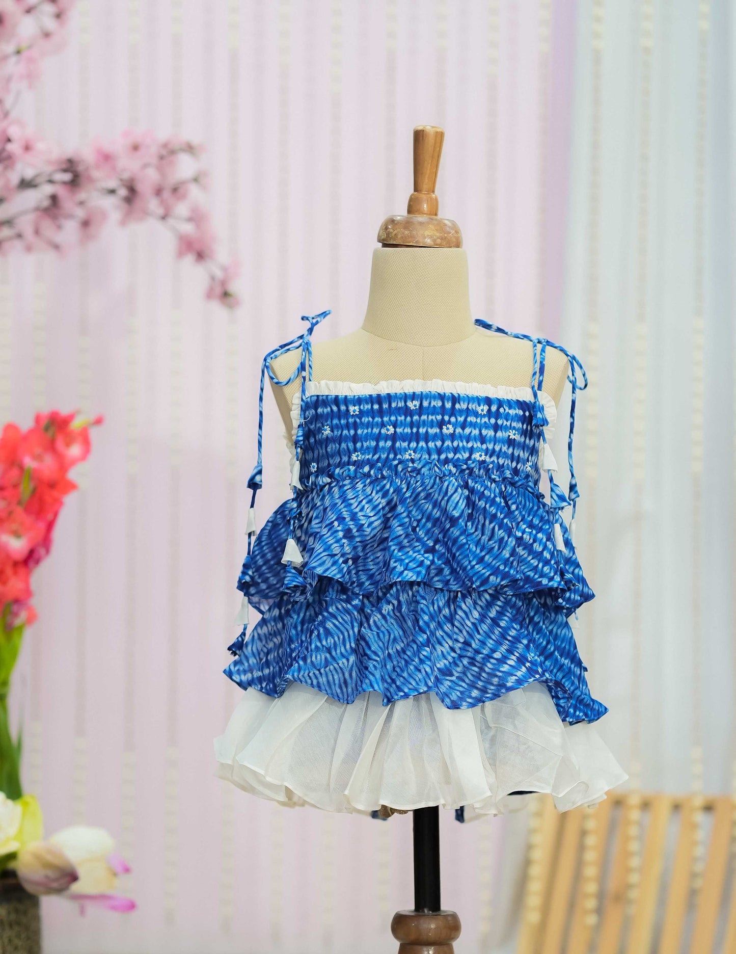 Kids girls blue and white frock with tie up sleeves