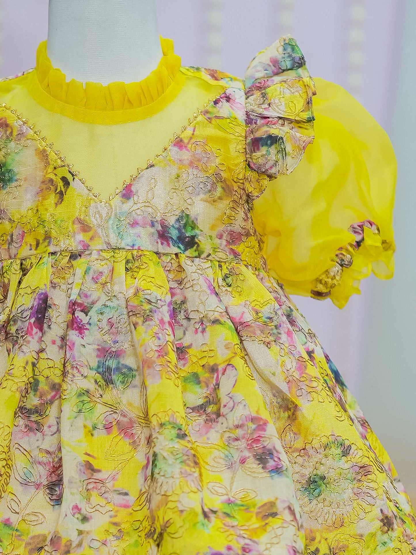 Kids girls fancy organza frock in yellow