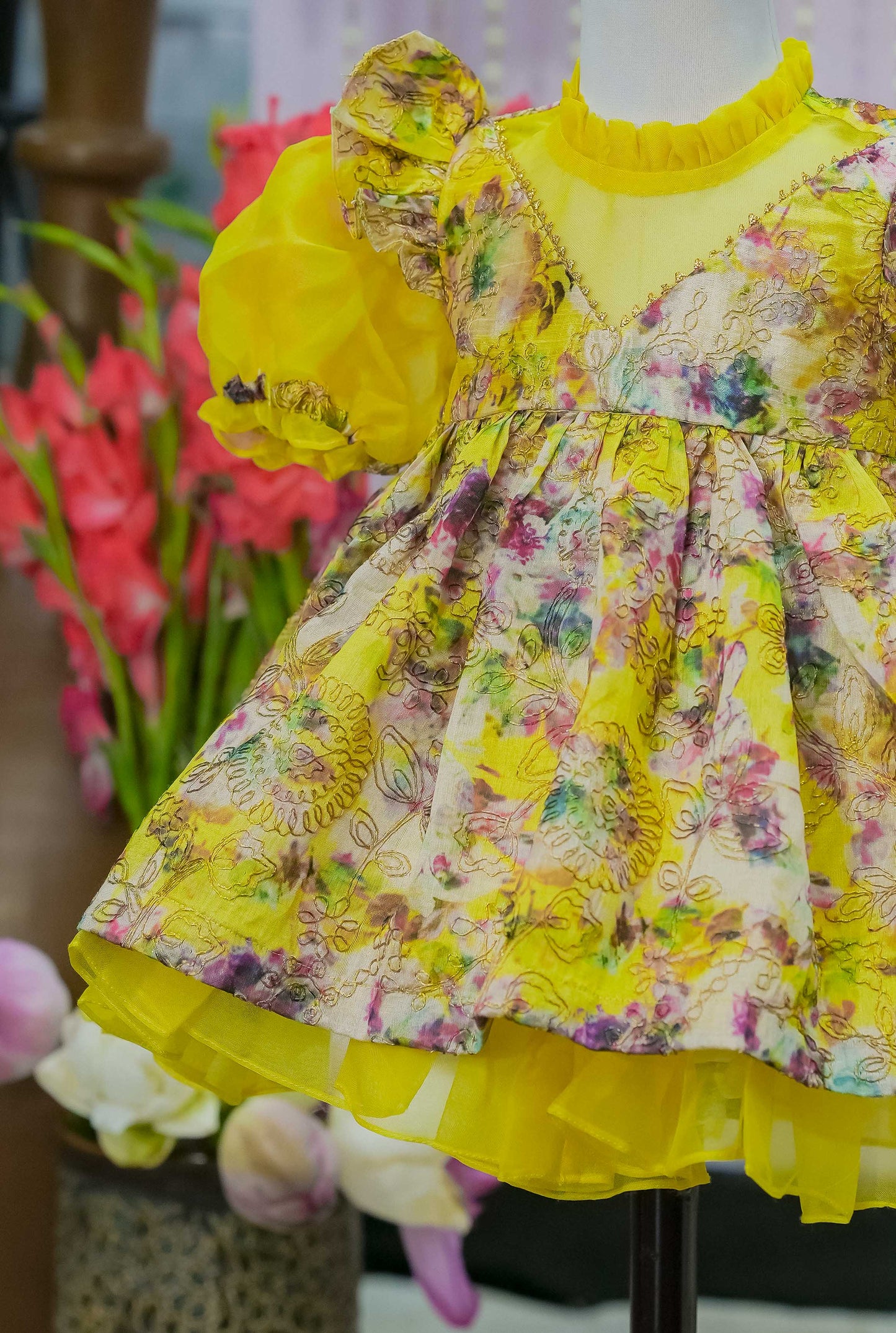 Kids girls fancy organza frock in yellow