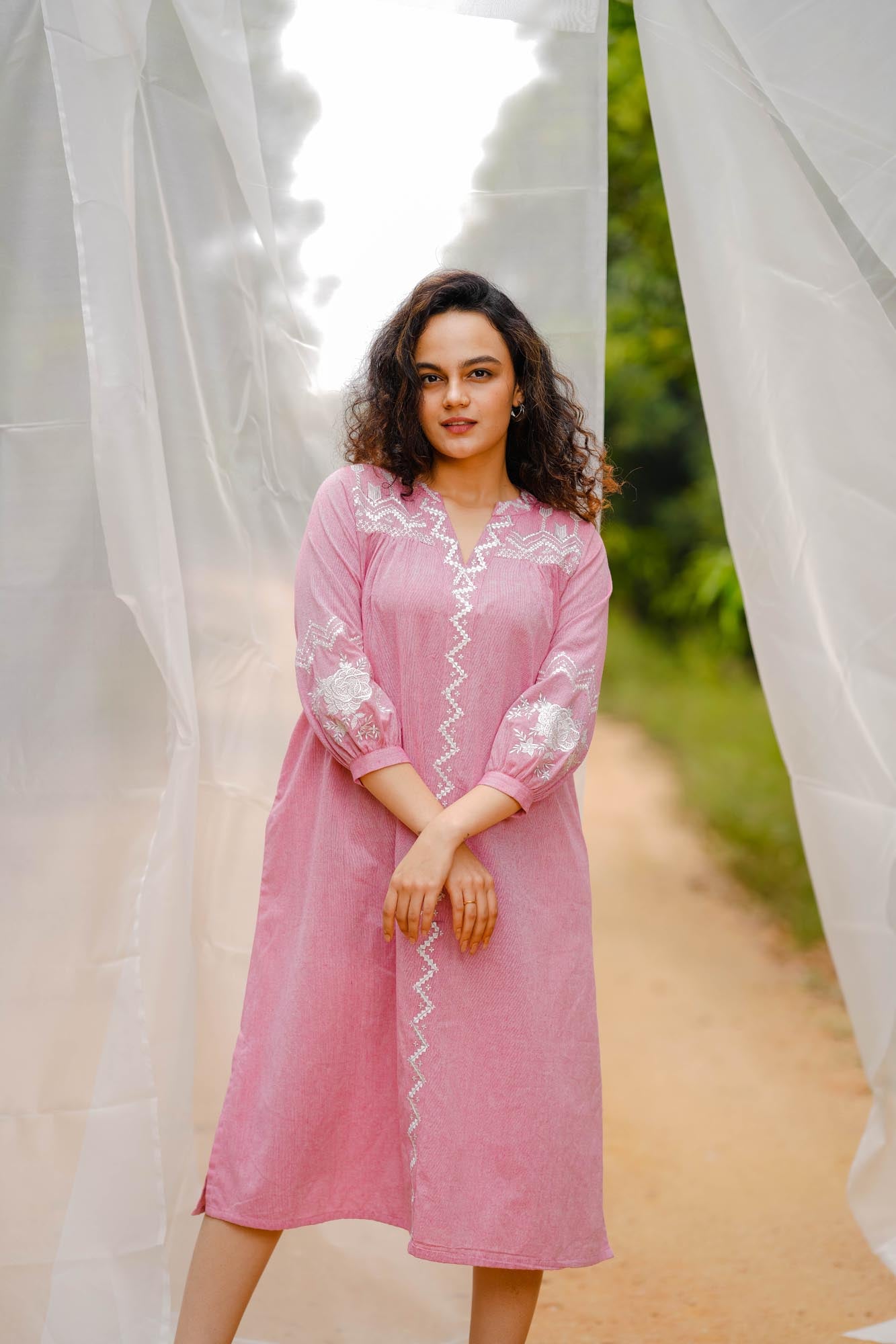 Women’s wear Embroidered A-line midi dress in pink
