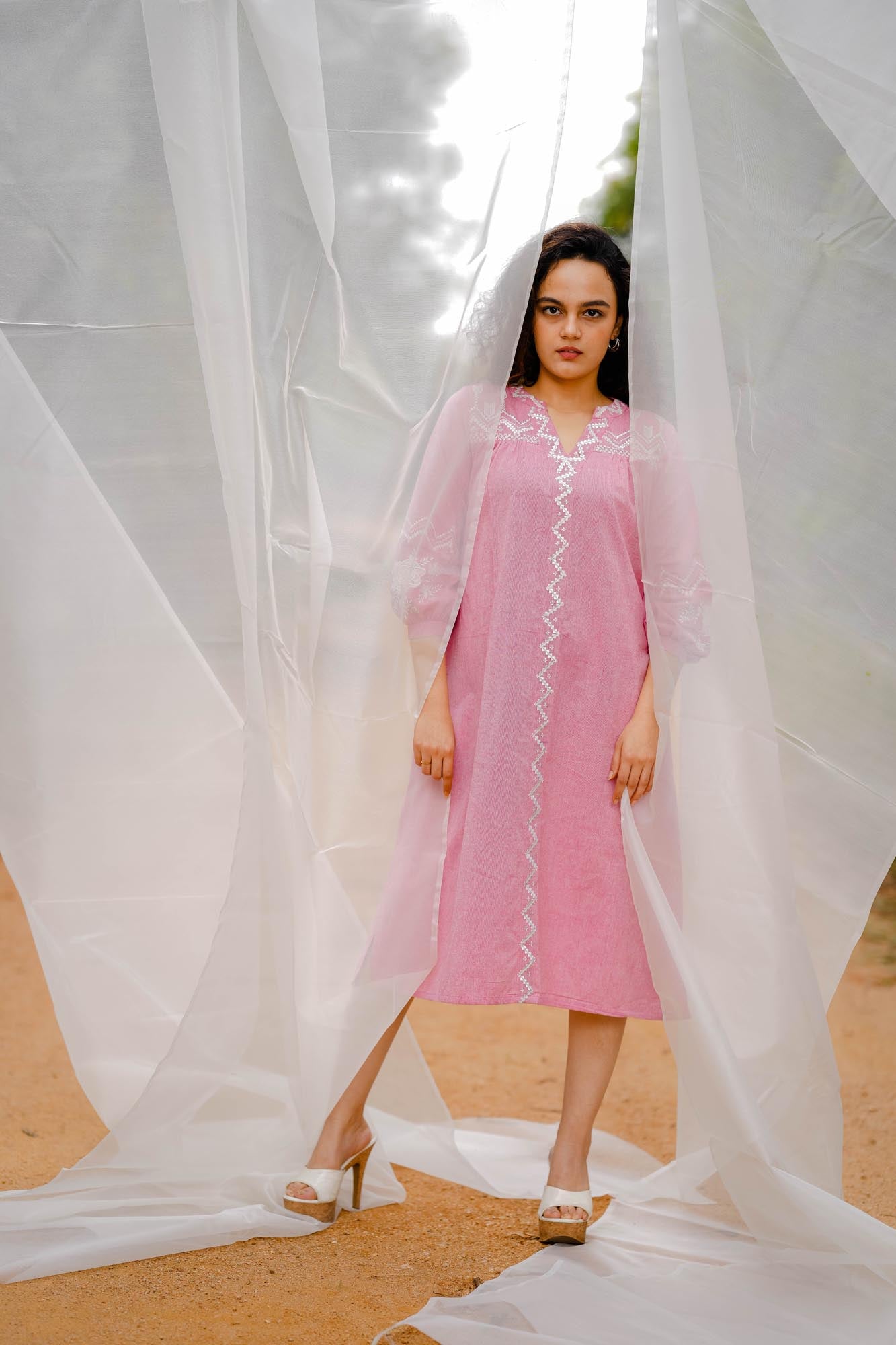 Women’s wear Embroidered A-line midi dress in pink