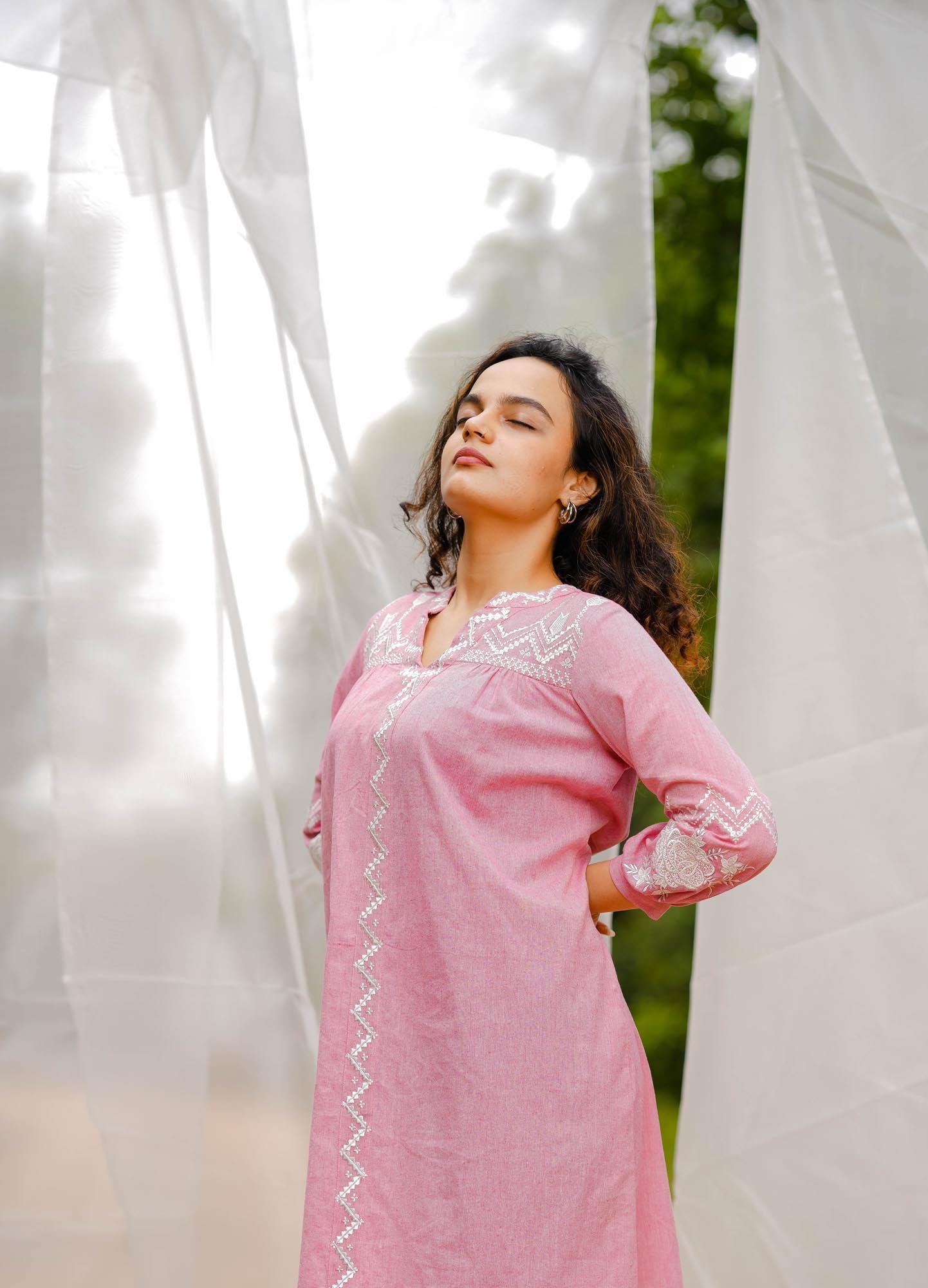 Women’s wear Embroidered A-line midi dress in pink