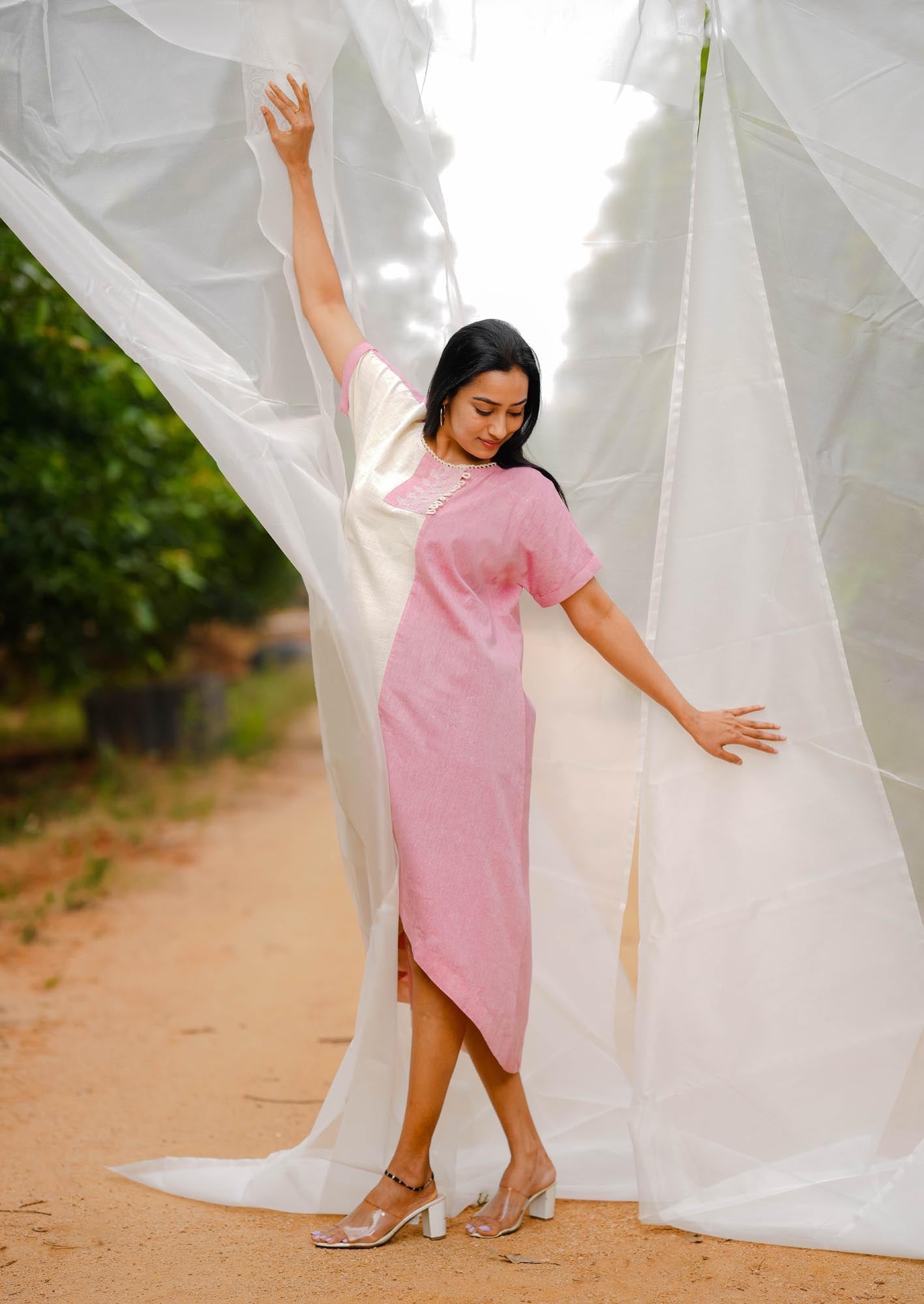 Women’s wear A-line cotton dress in white and pink