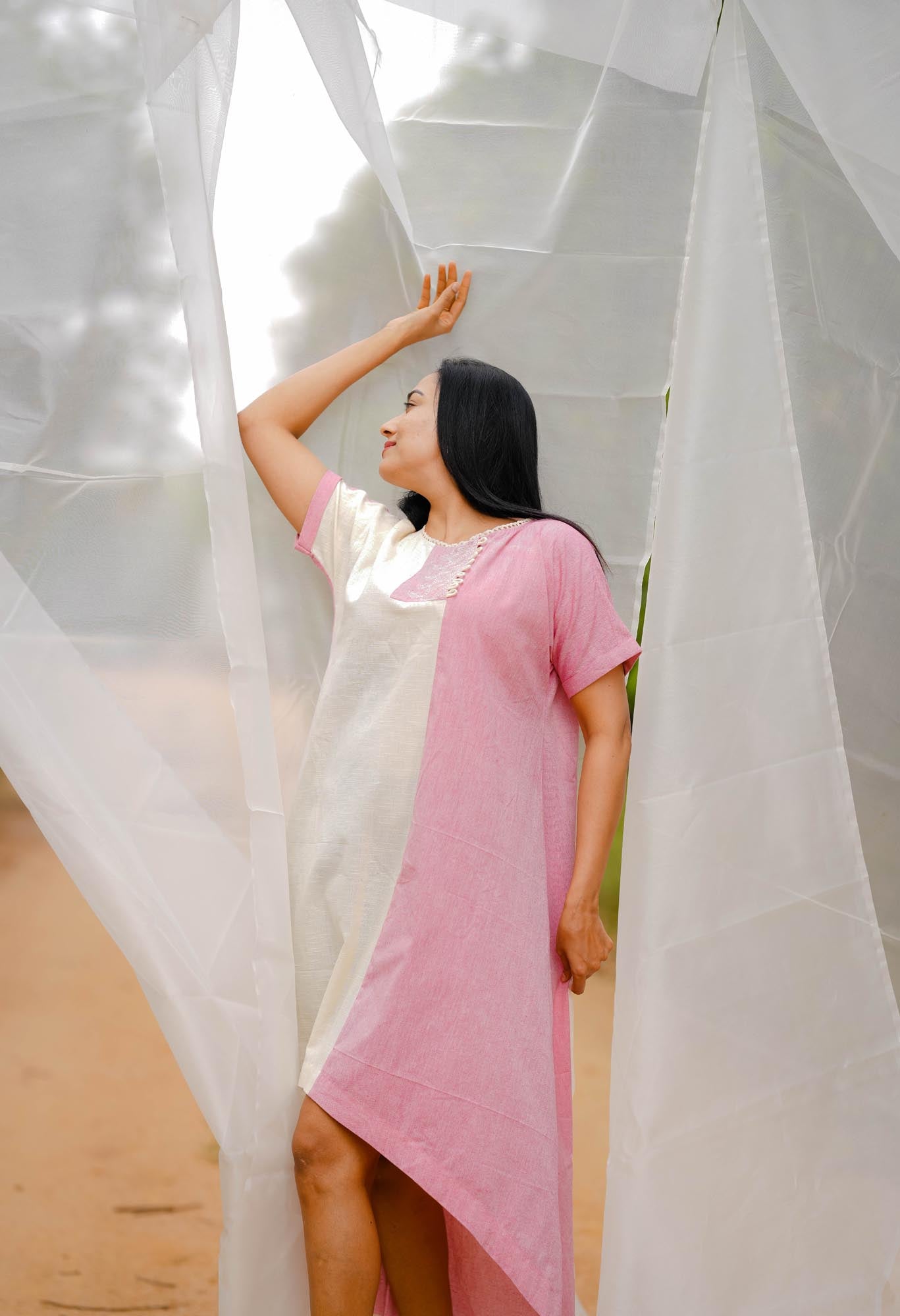 Women’s wear A-line cotton dress in white and pink