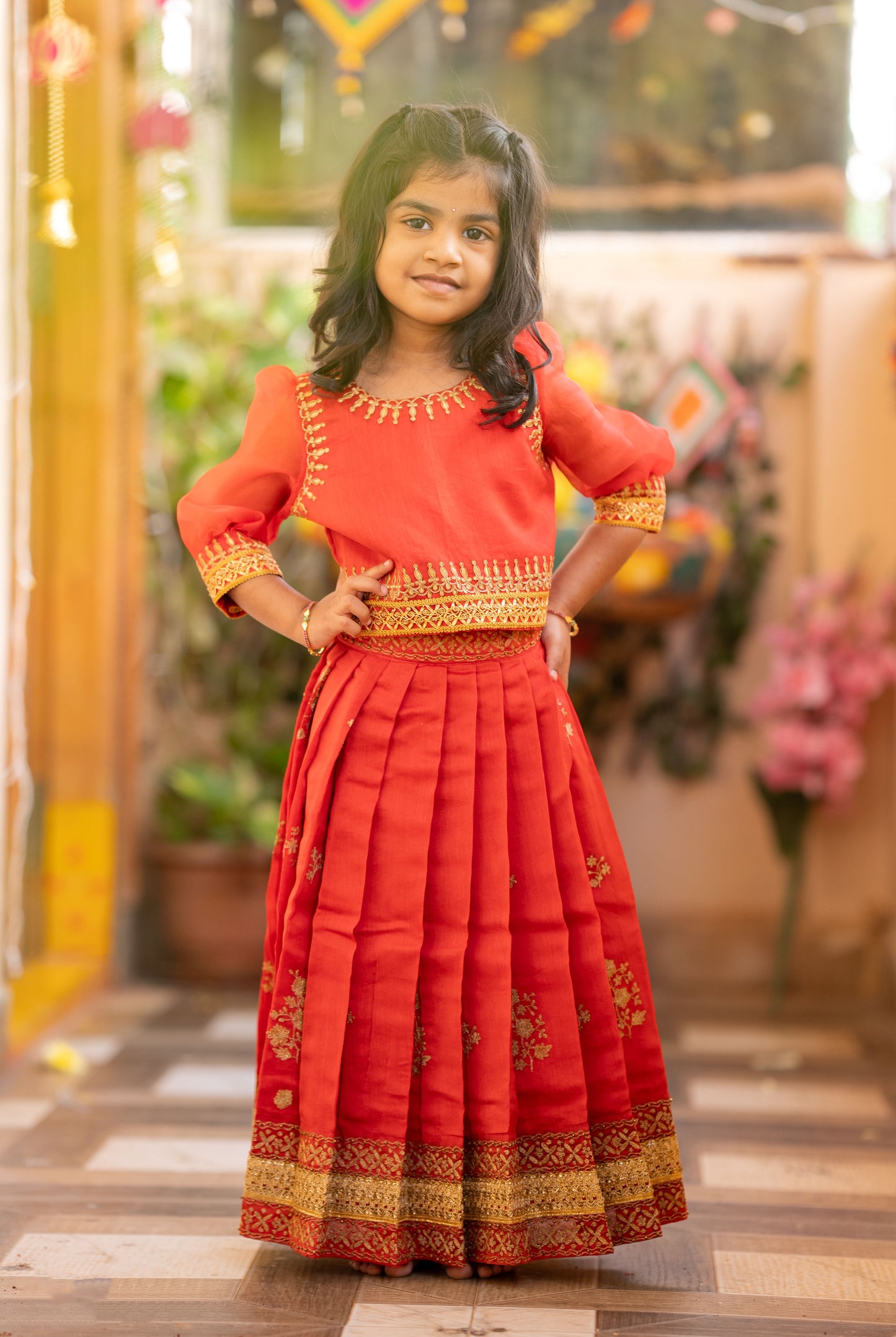 Kids girls chanderi crop top and lehenga with embroidery