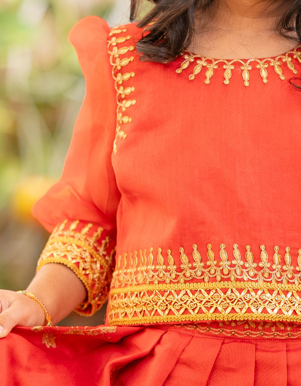 Kids girls chanderi crop top and lehenga with embroidery