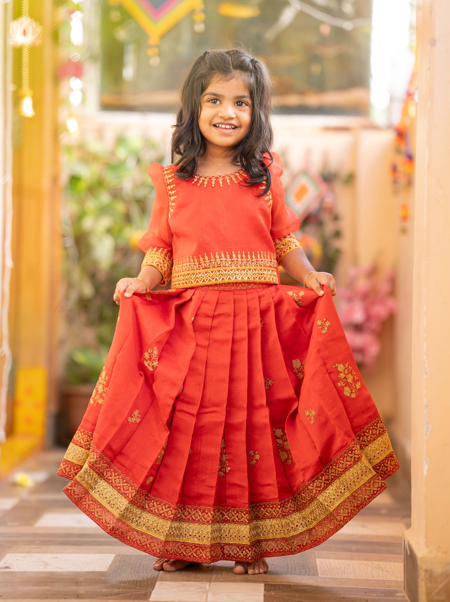 Kids girls chanderi crop top and lehenga with embroidery