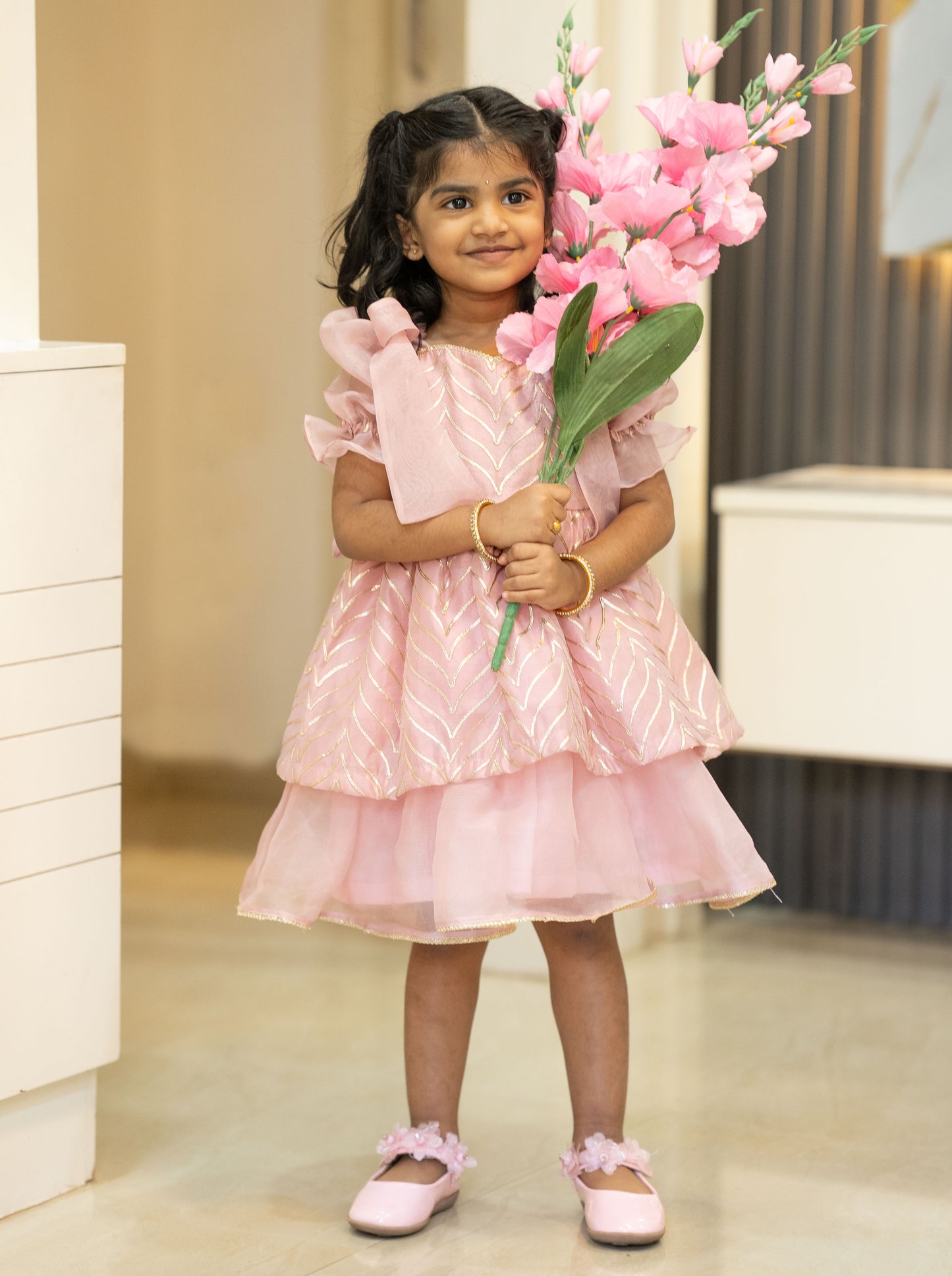 Kids girls embellished organza frock in pale pink