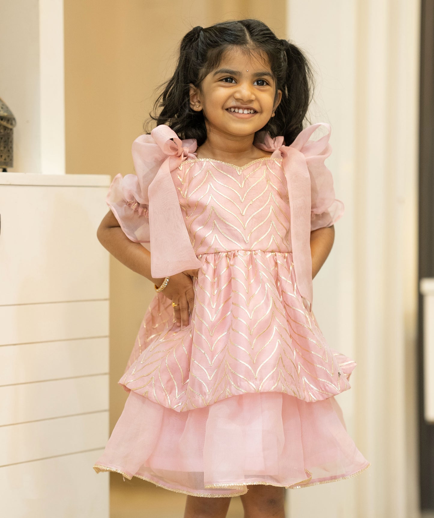 Kids girls embellished organza frock in pale pink