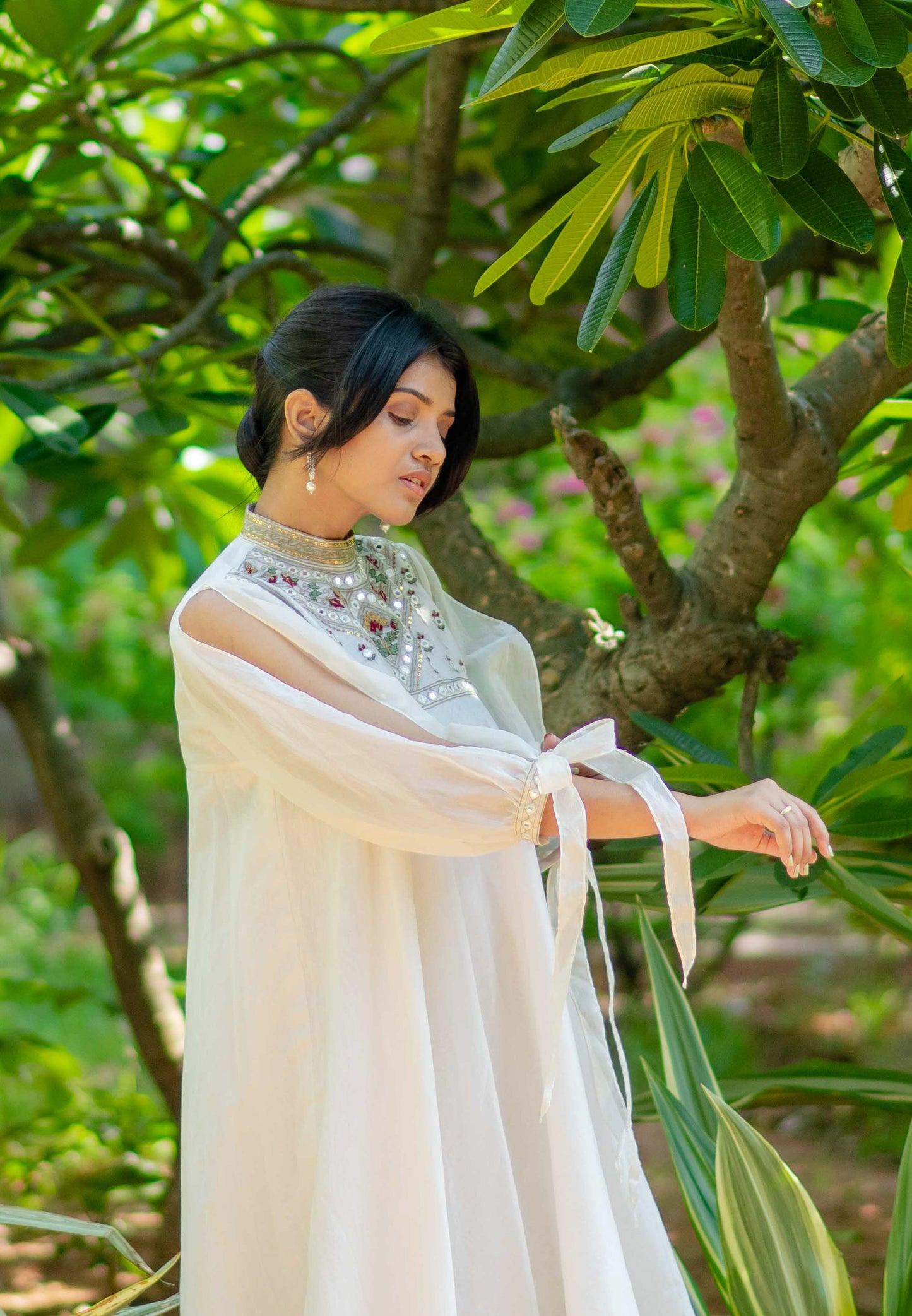 Women’s wear - Embroidered Chanderi white maxi Dress with Slit Sleeves