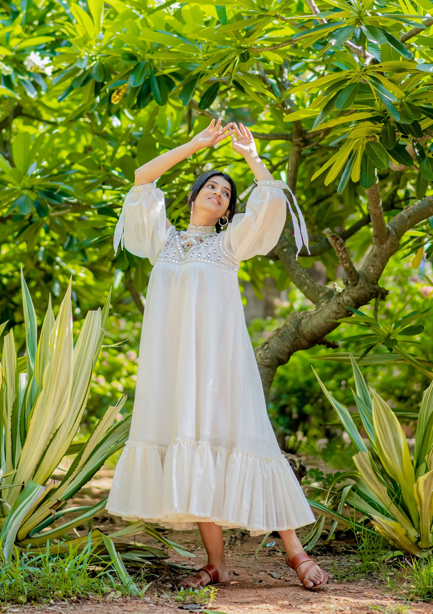 Women’s wear - Embroidered Chanderi white maxi Dress with Slit Sleeves