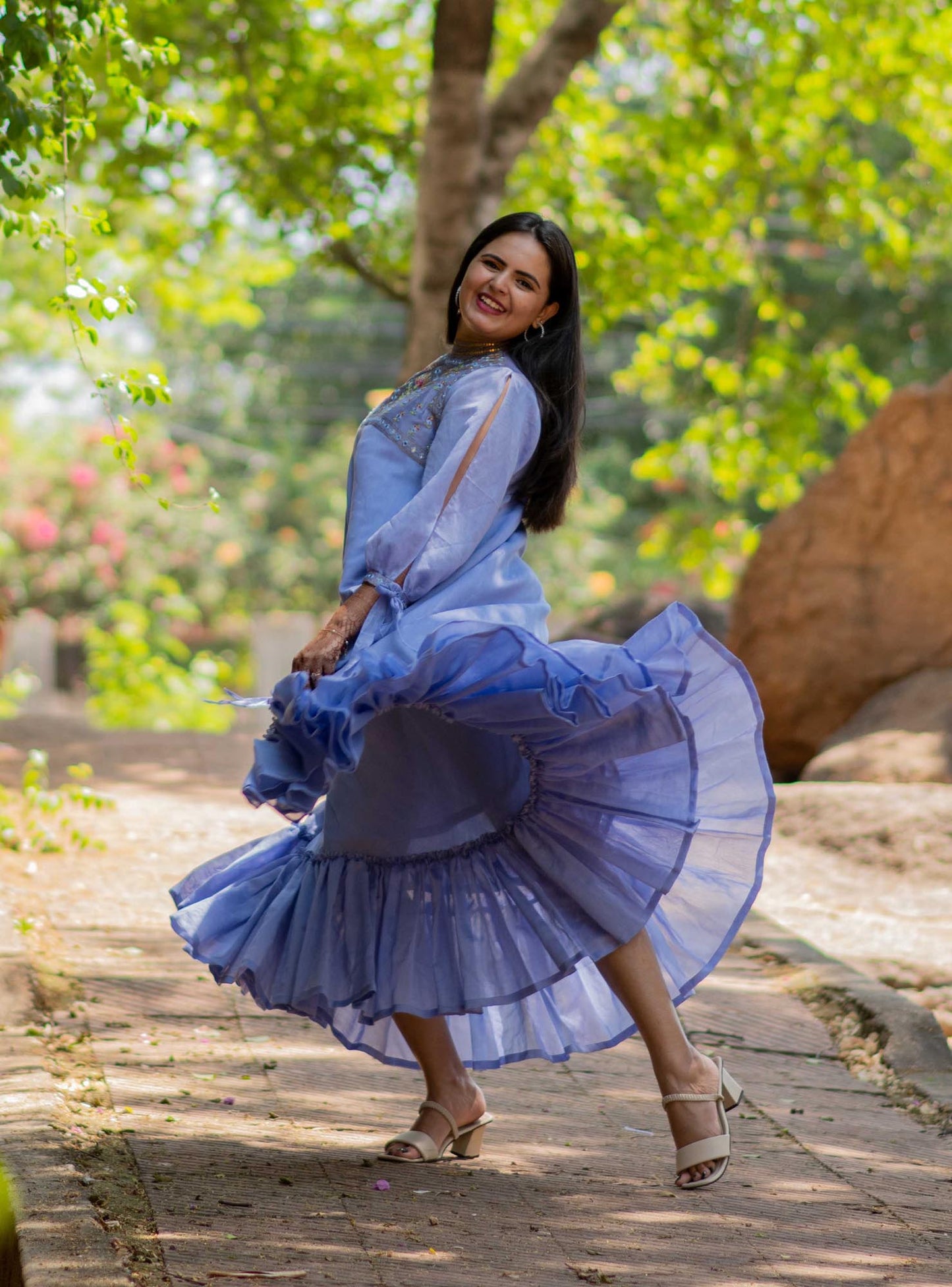 Women’s wear - Embroidered Chanderi Blue Long Dress with Slit Sleeves