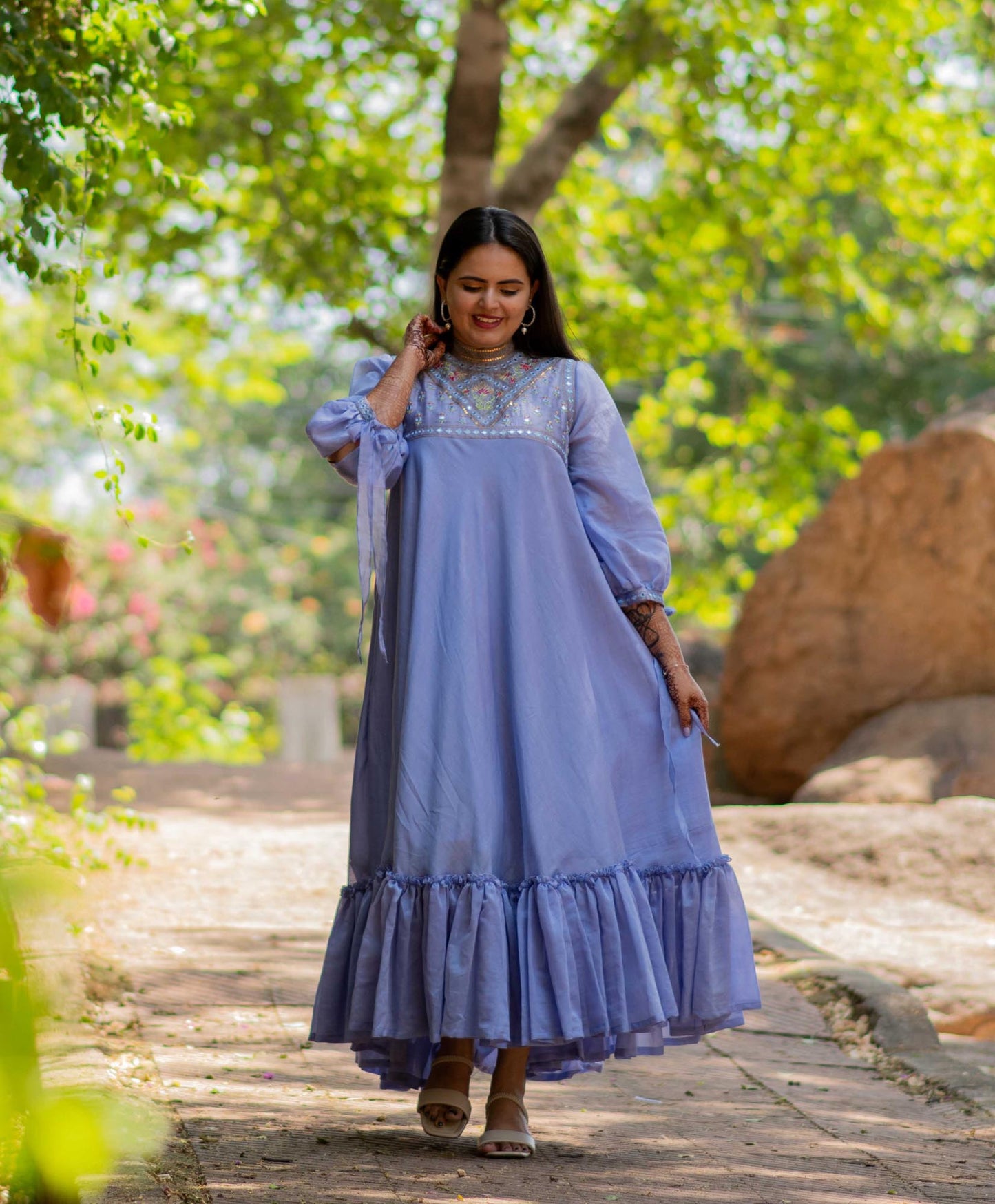 Women’s wear - Embroidered Chanderi Blue Long Dress with Slit Sleeves