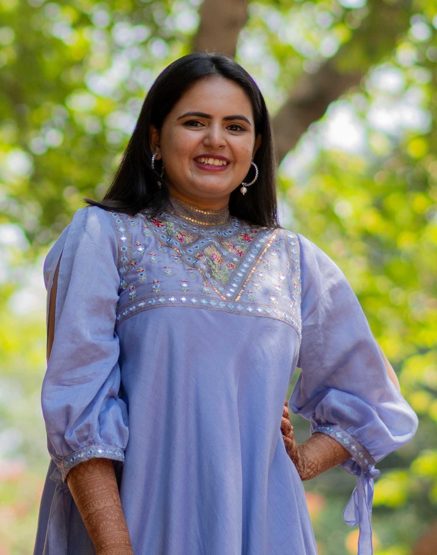Women’s wear - Embroidered Chanderi Blue Long Dress with Slit Sleeves