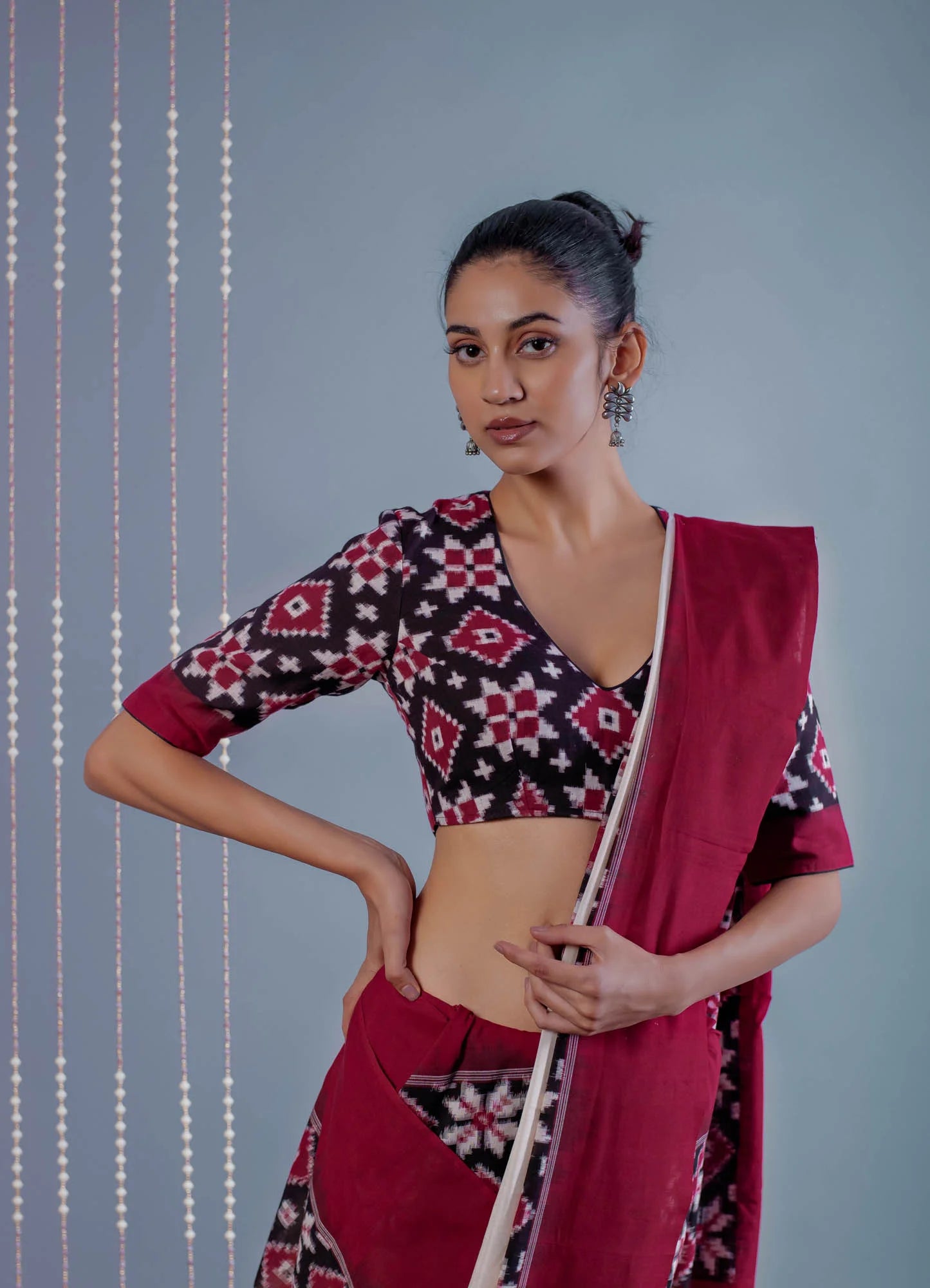 Women’s blouse Double ikat telia rumal cotton blouse in black and maroon