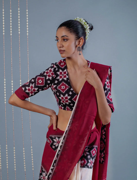 Women’s blouse Double ikat telia rumal cotton blouse in black and maroon