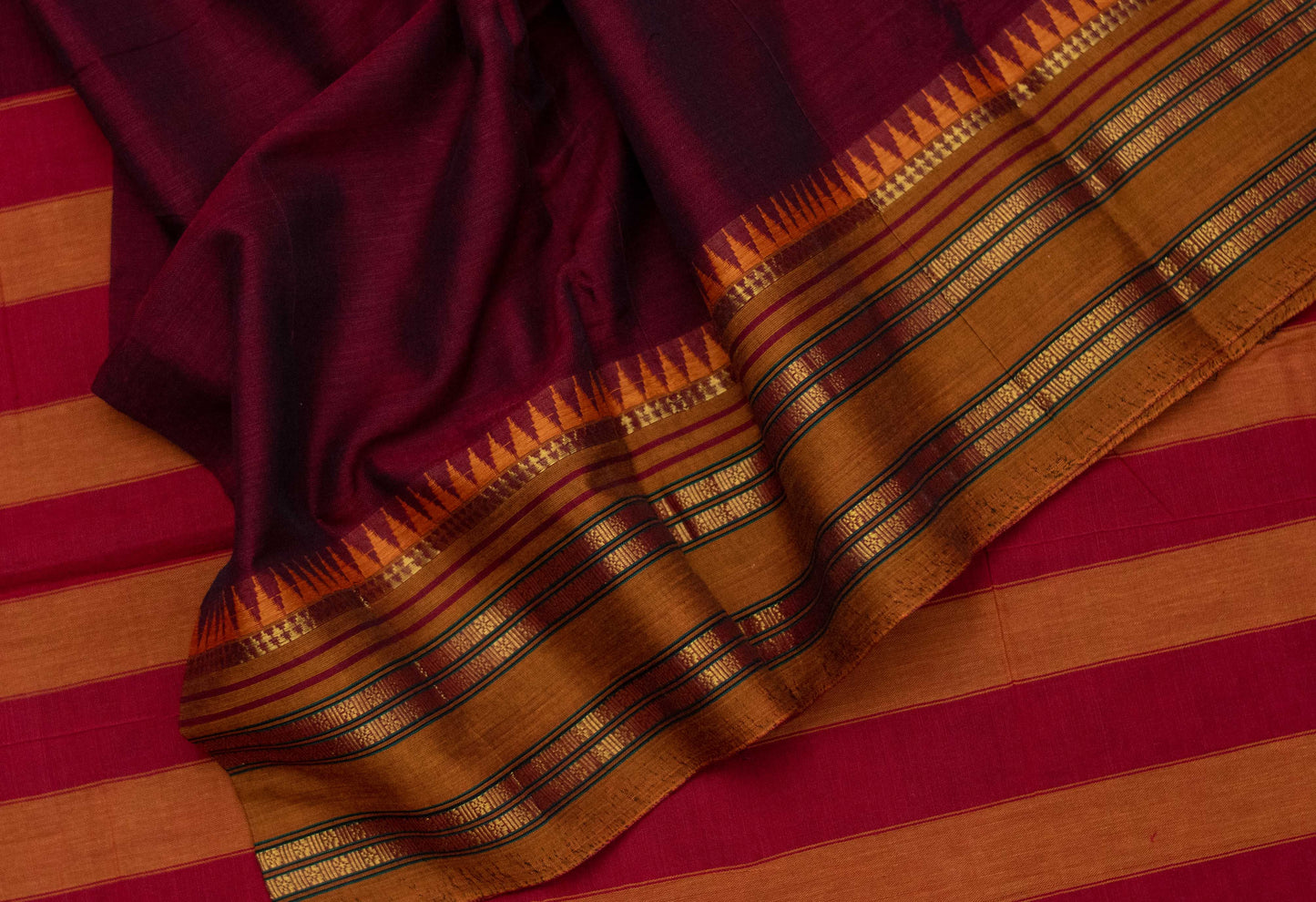 Saree- Narayanpet Maroon Cotton Saree with Golden Zari Border