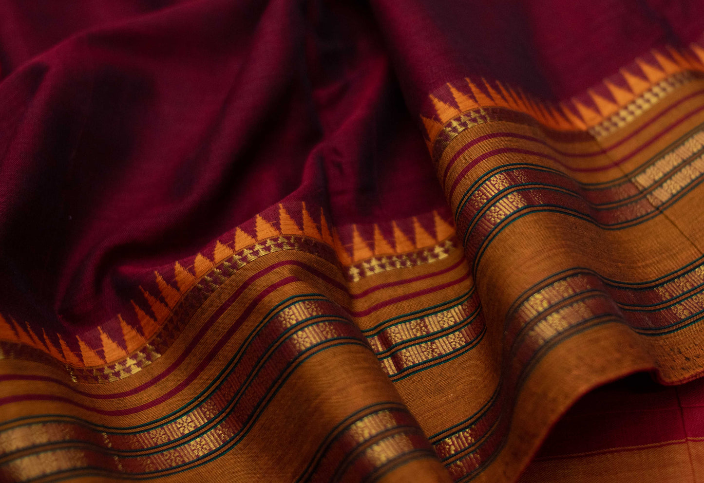 Saree- Narayanpet Maroon Cotton Saree with Golden Zari Border
