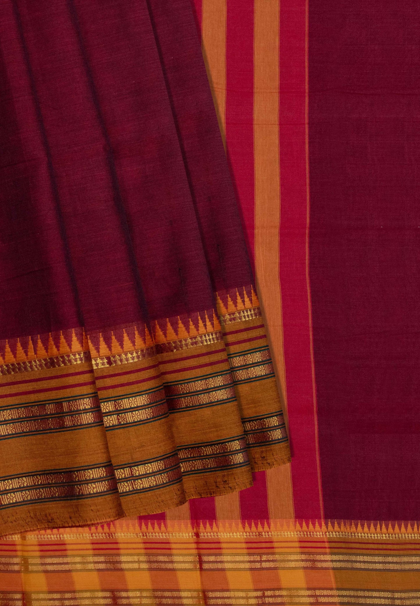 Saree- Narayanpet Maroon Cotton Saree with Golden Zari Border
