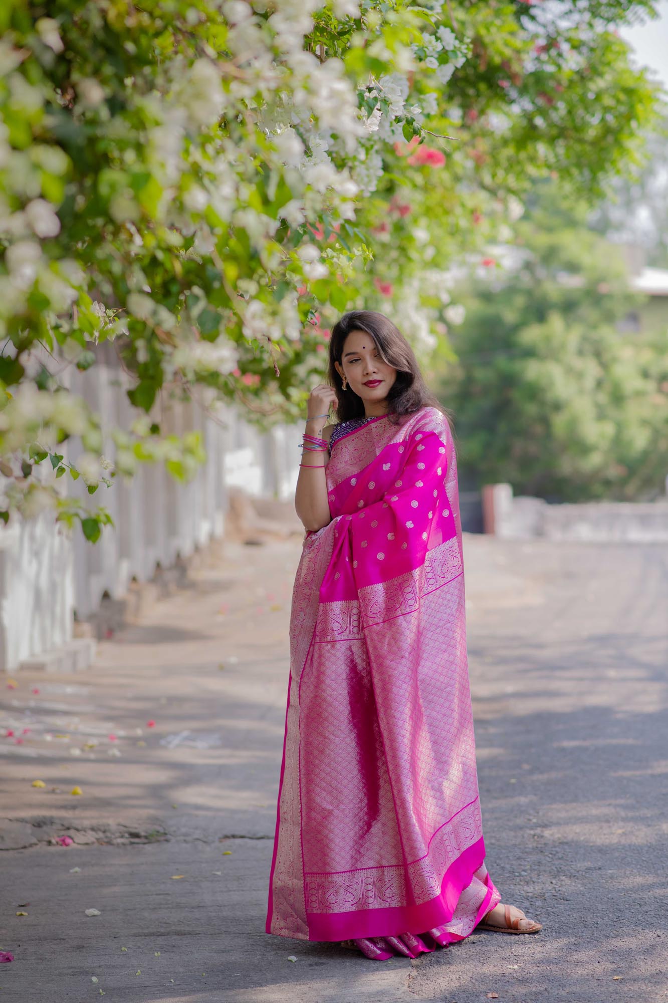 Saree - Rani Pink Pure Silk light-weight Kanchi Saree