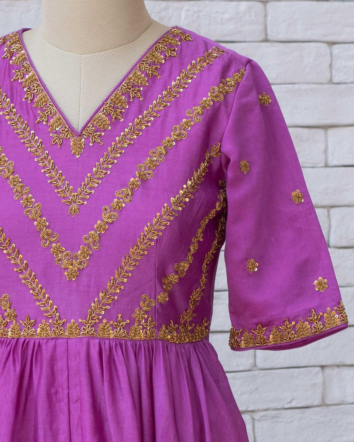 Women’s wear - Hand Embroidered Zardosi purple Chanderi Hi-Low Kurta with Modal Bottom