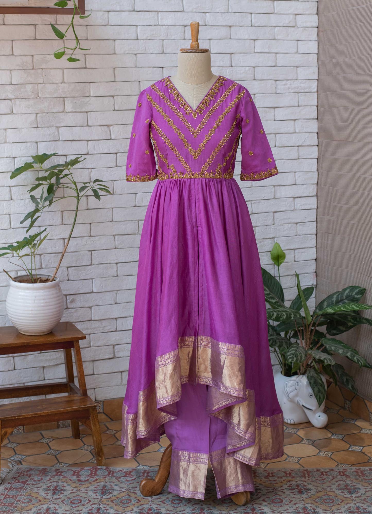 Women’s wear - Hand Embroidered Zardosi purple Chanderi Hi-Low Kurta with Modal Bottom
