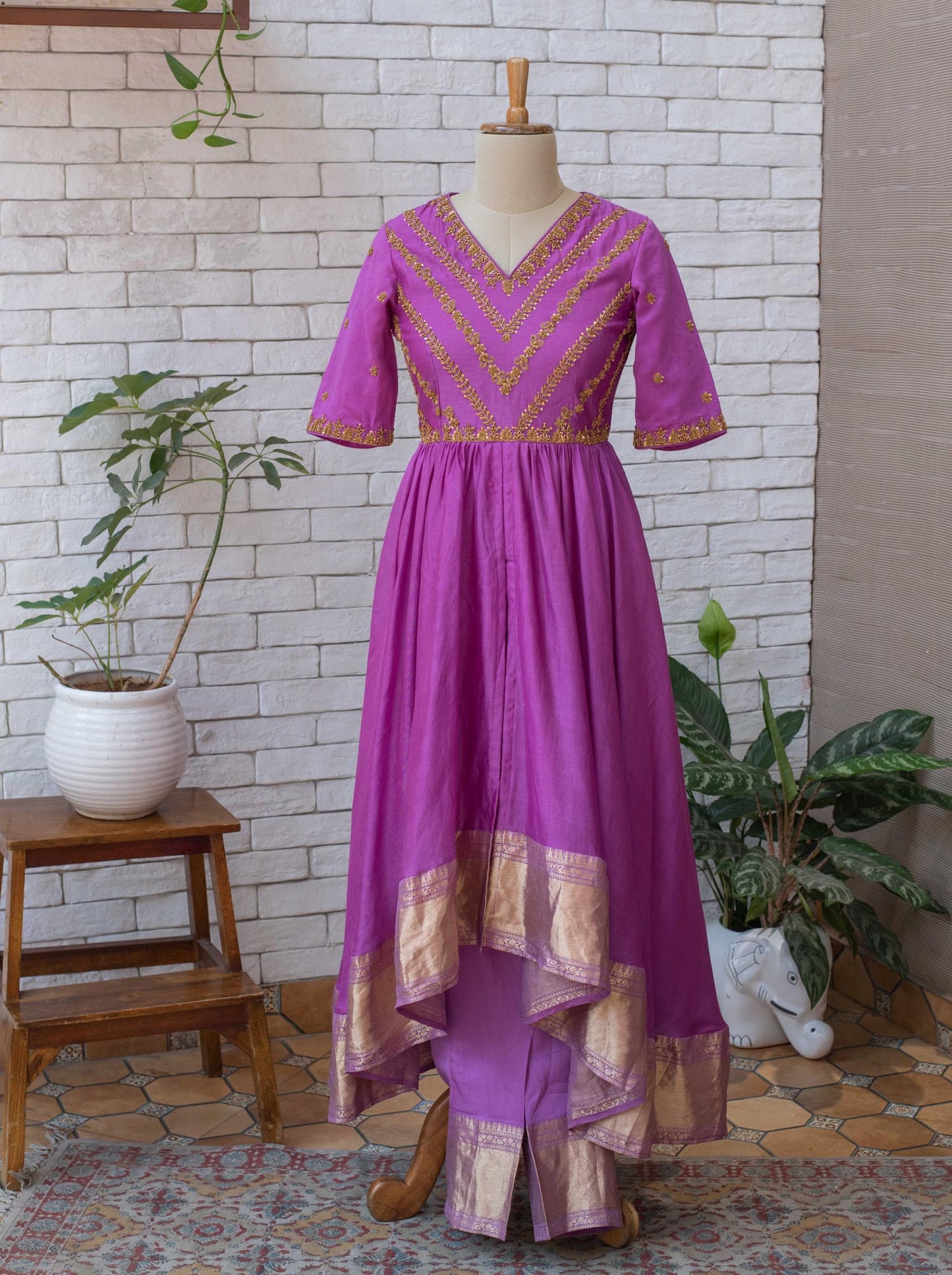 Women’s wear - Hand Embroidered Zardosi purple Chanderi Hi-Low Kurta with Modal Bottom
