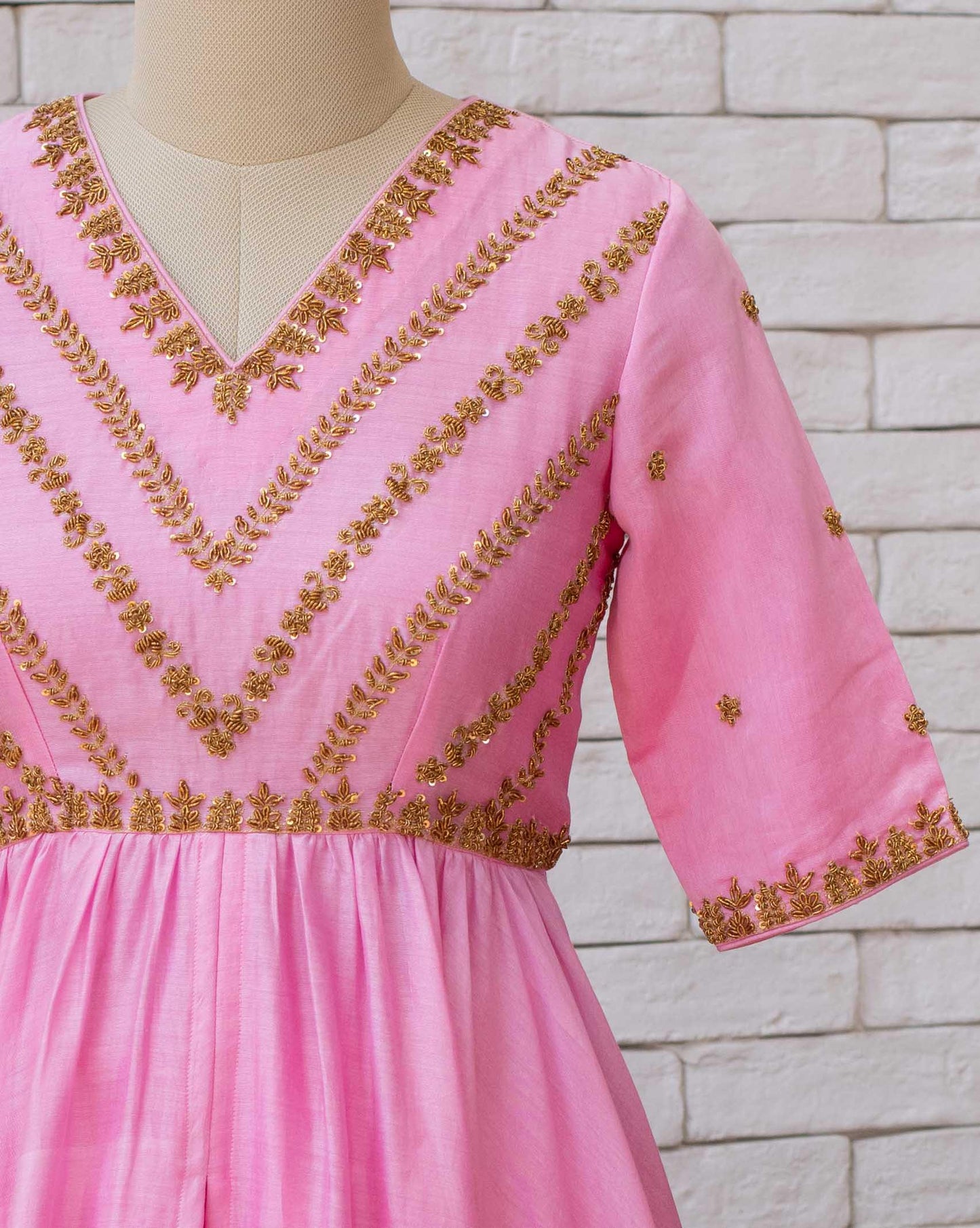 Women’s wear - Hand Embroidered Zardosi Light Pink Chanderi Hi-Low Kurta with Modal Bottom