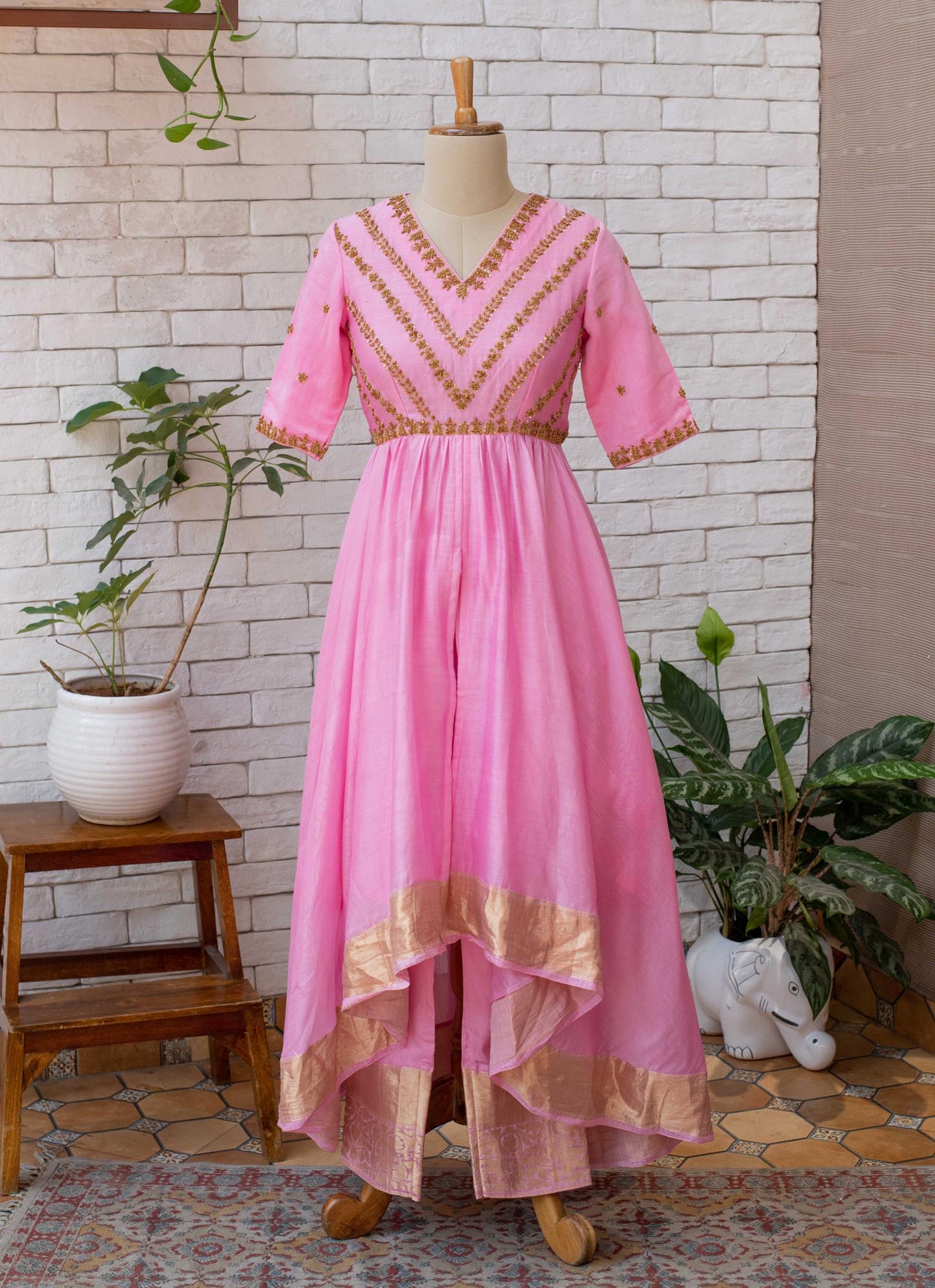 Women’s wear - Hand Embroidered Zardosi Light Pink Chanderi Hi-Low Kurta with Modal Bottom