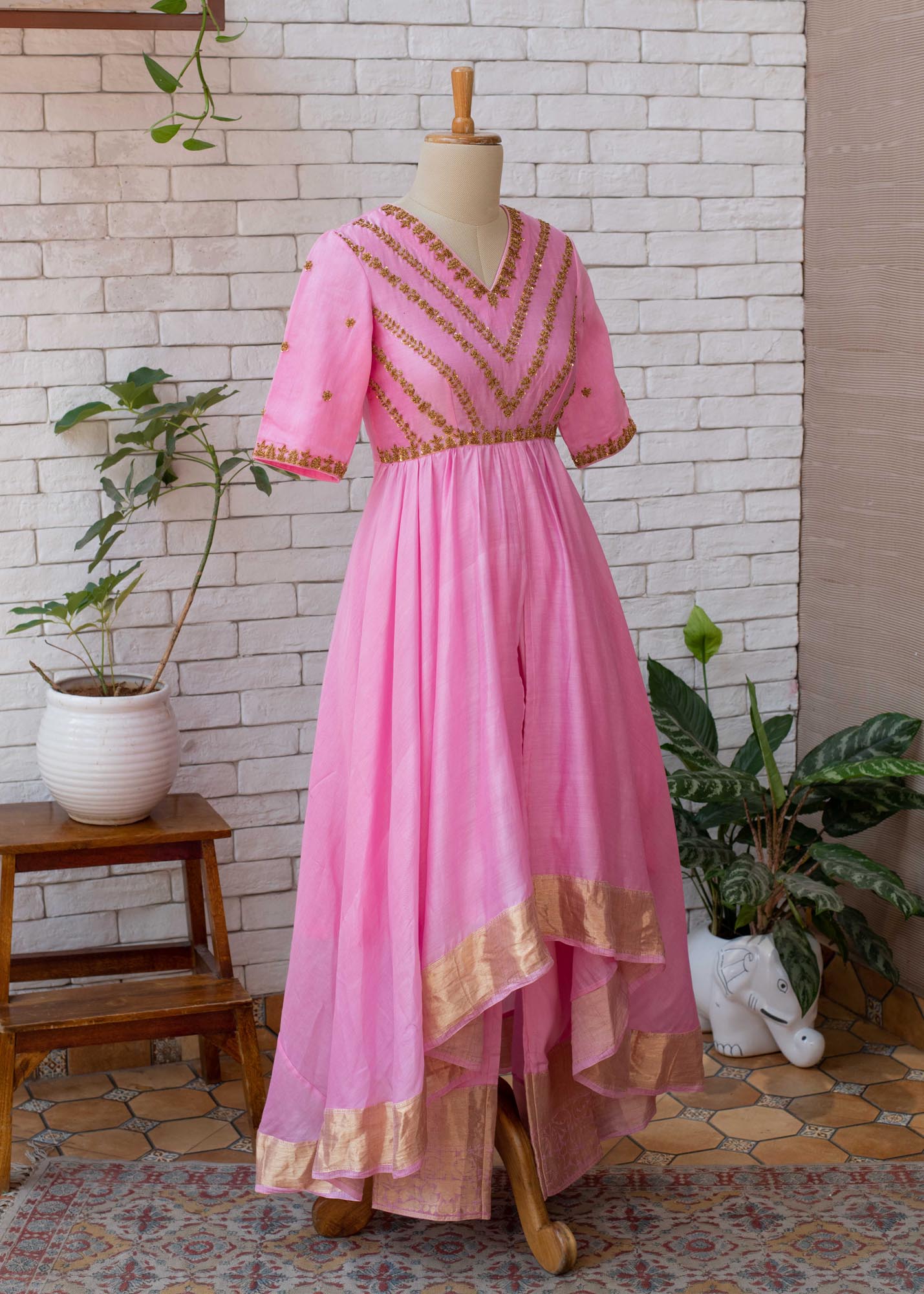 Women’s wear - Hand Embroidered Zardosi Light Pink Chanderi Hi-Low Kurta with Modal Bottom