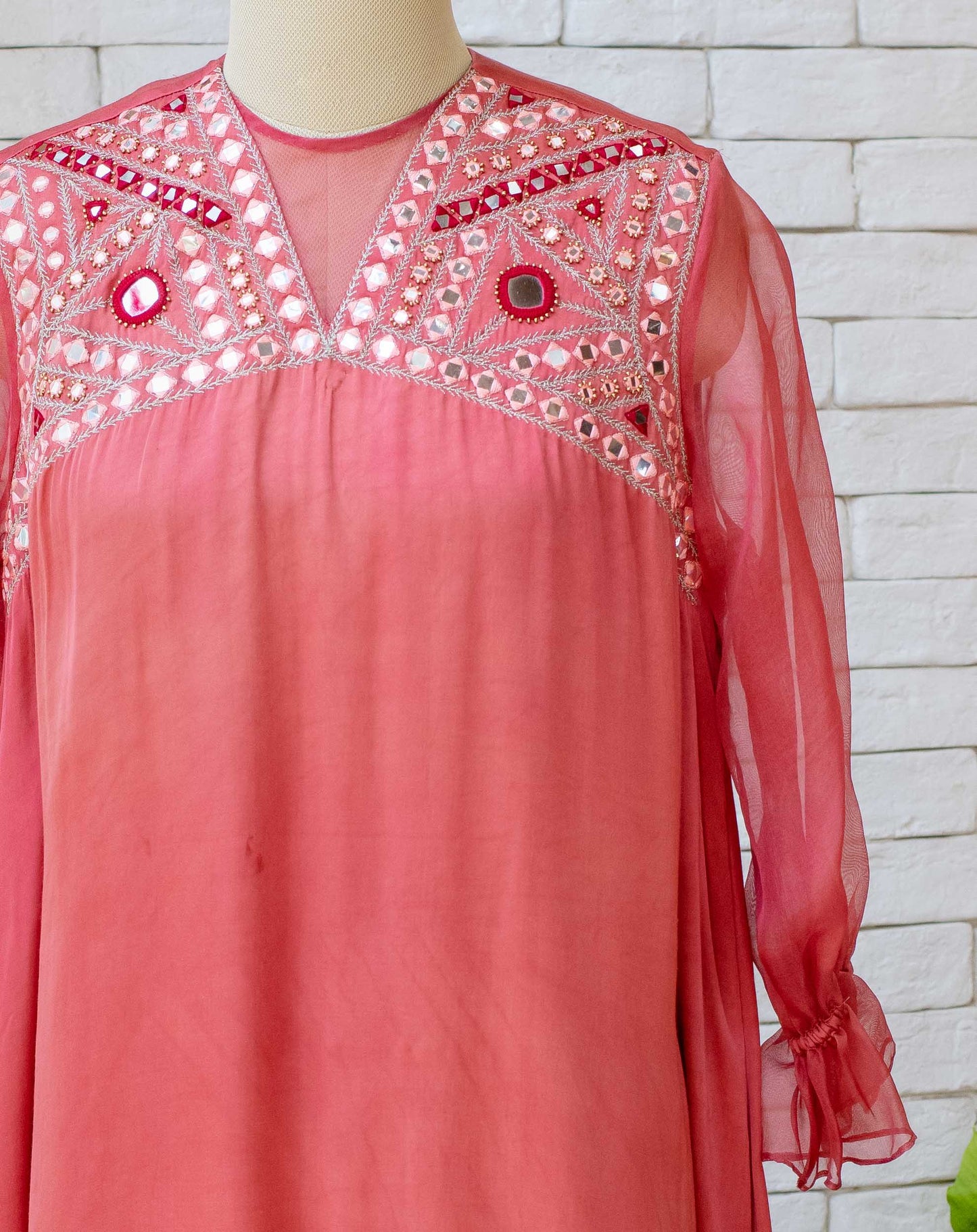 Women’s wear - Red Mirror Embroidered Organza Sleeves Dress