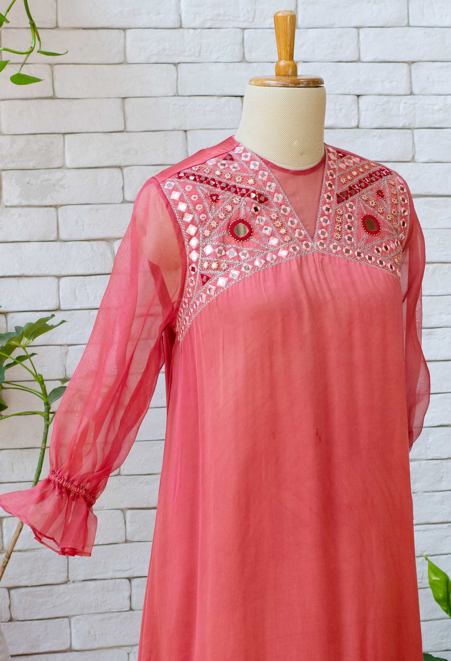 Women’s wear - Red Mirror Embroidered Organza Sleeves Dress