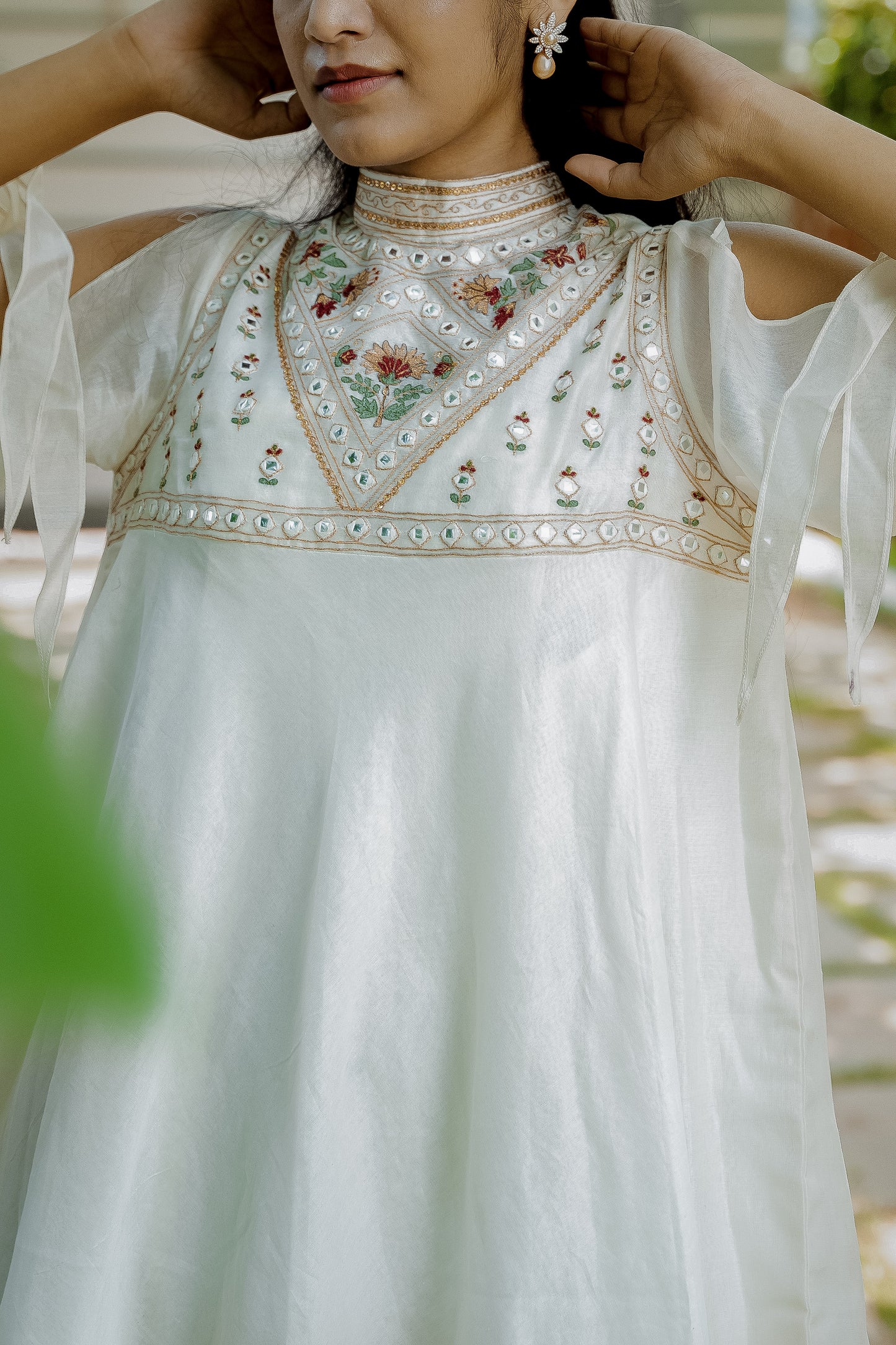 Women’s wear - Embroidered Chanderi white maxi Dress with Slit Sleeves