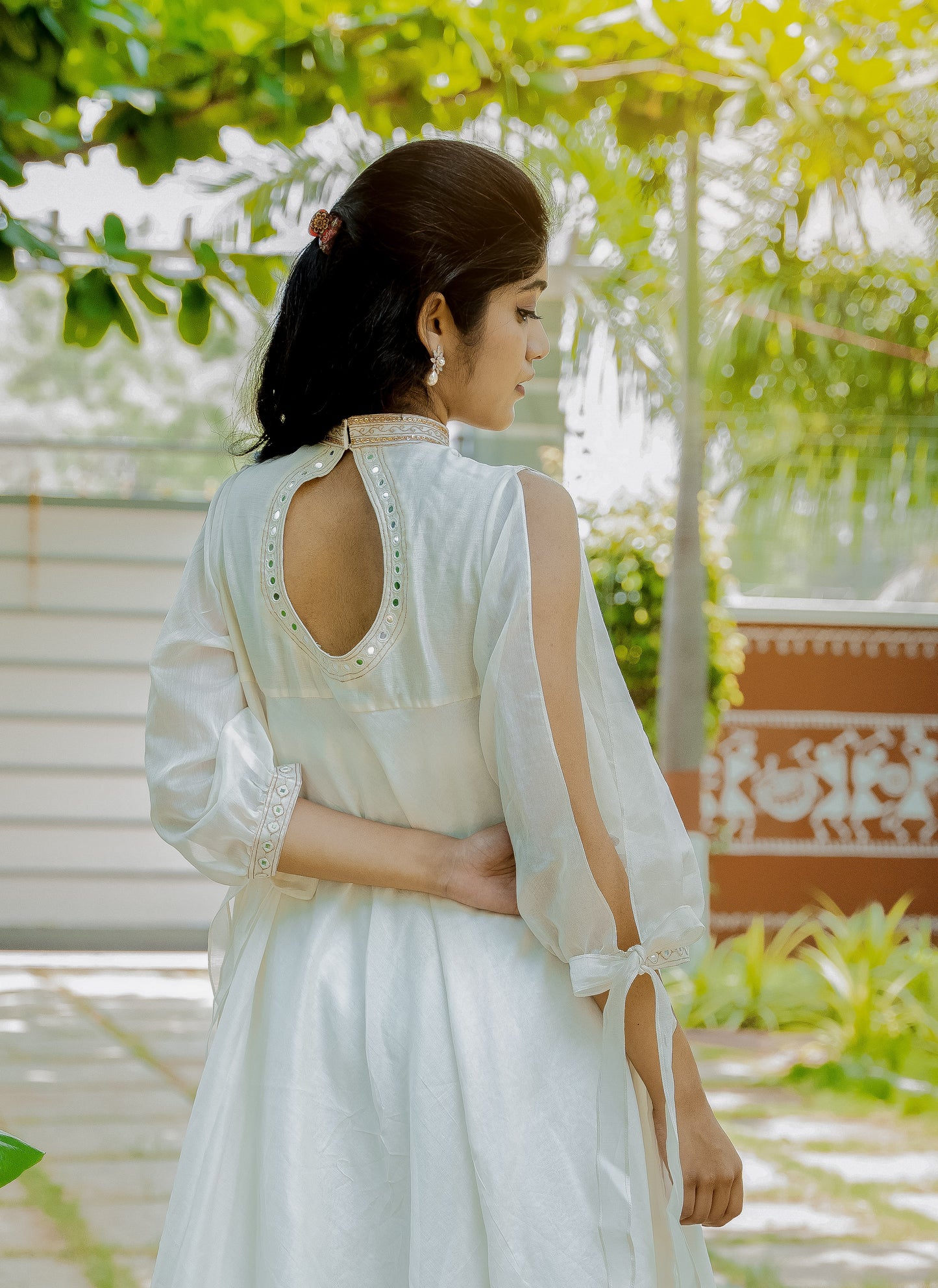 Women’s wear - Embroidered Chanderi white maxi Dress with Slit Sleeves