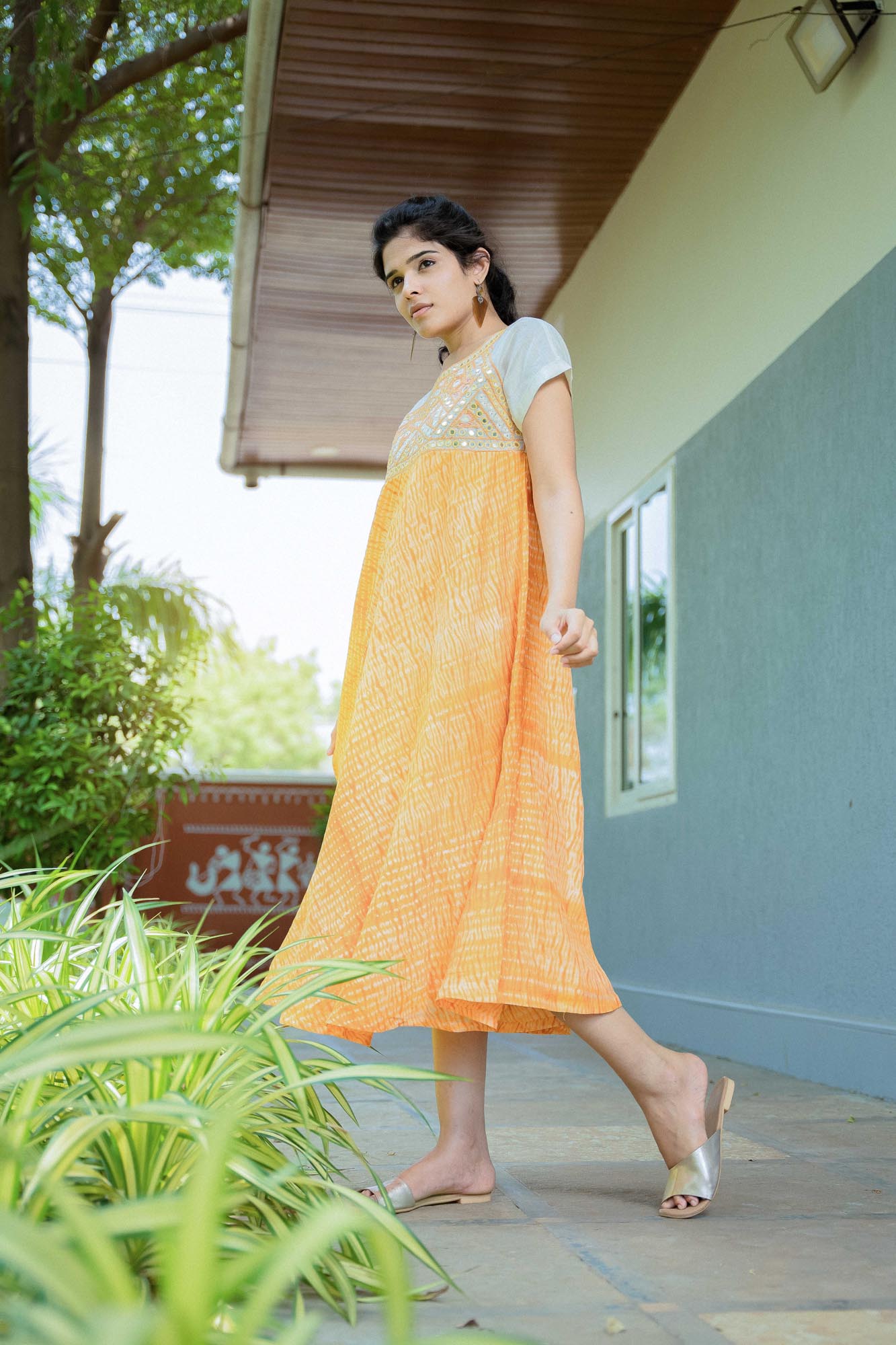 Orange Shibori Mirror Embroidered Dress