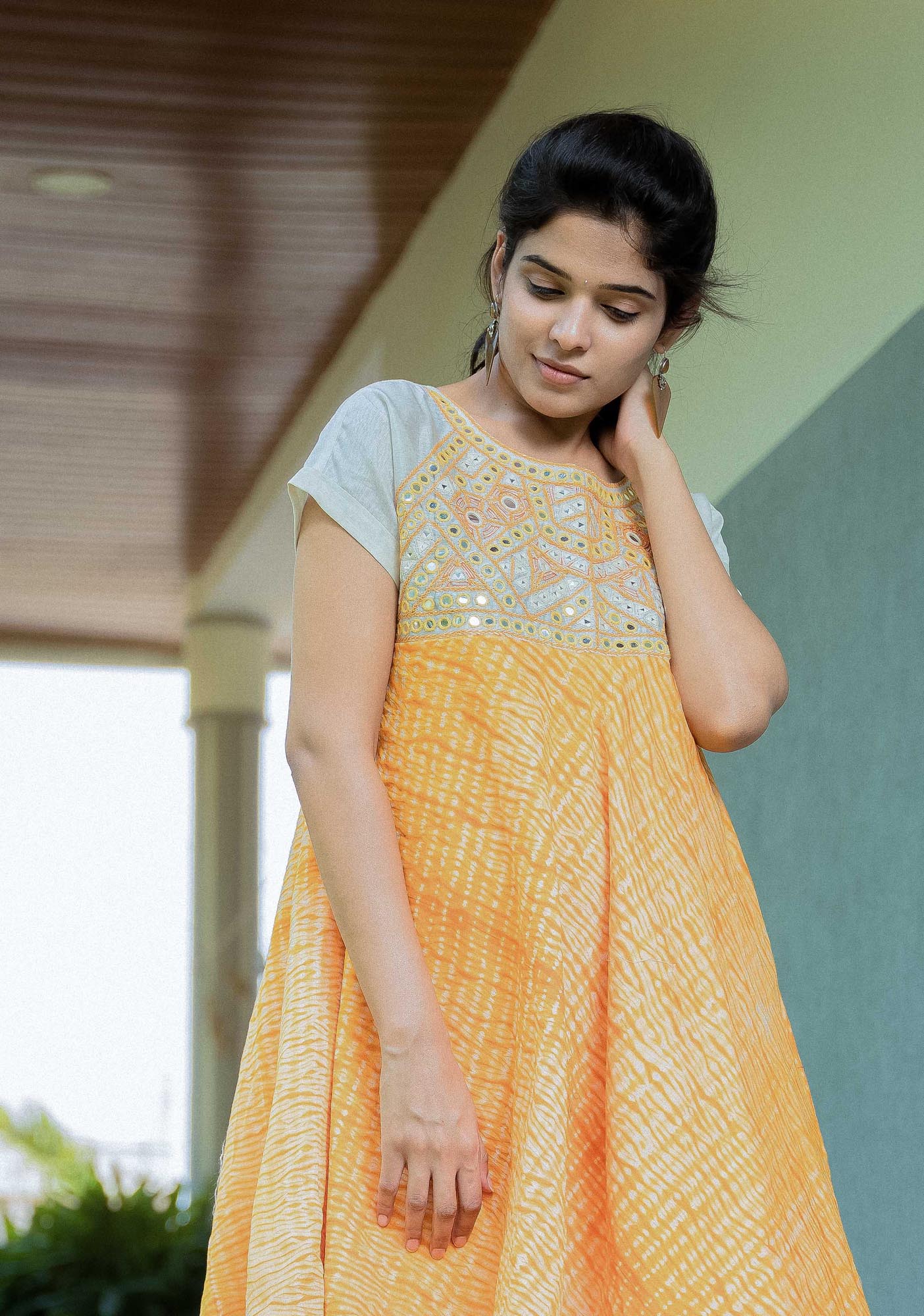 Orange Shibori Mirror Embroidered Dress