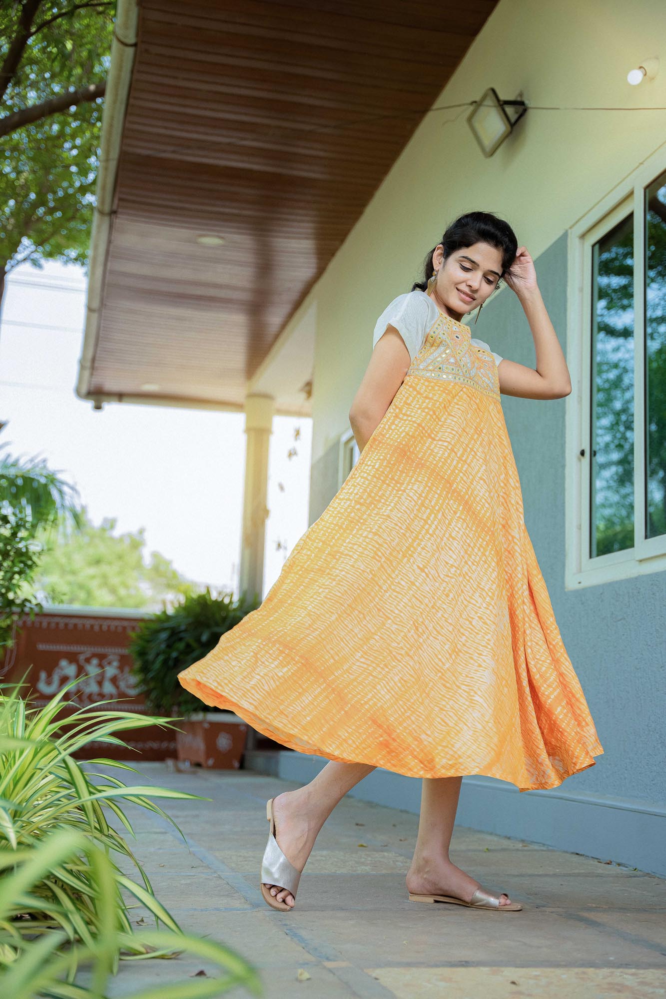 Orange Shibori Mirror Embroidered Dress