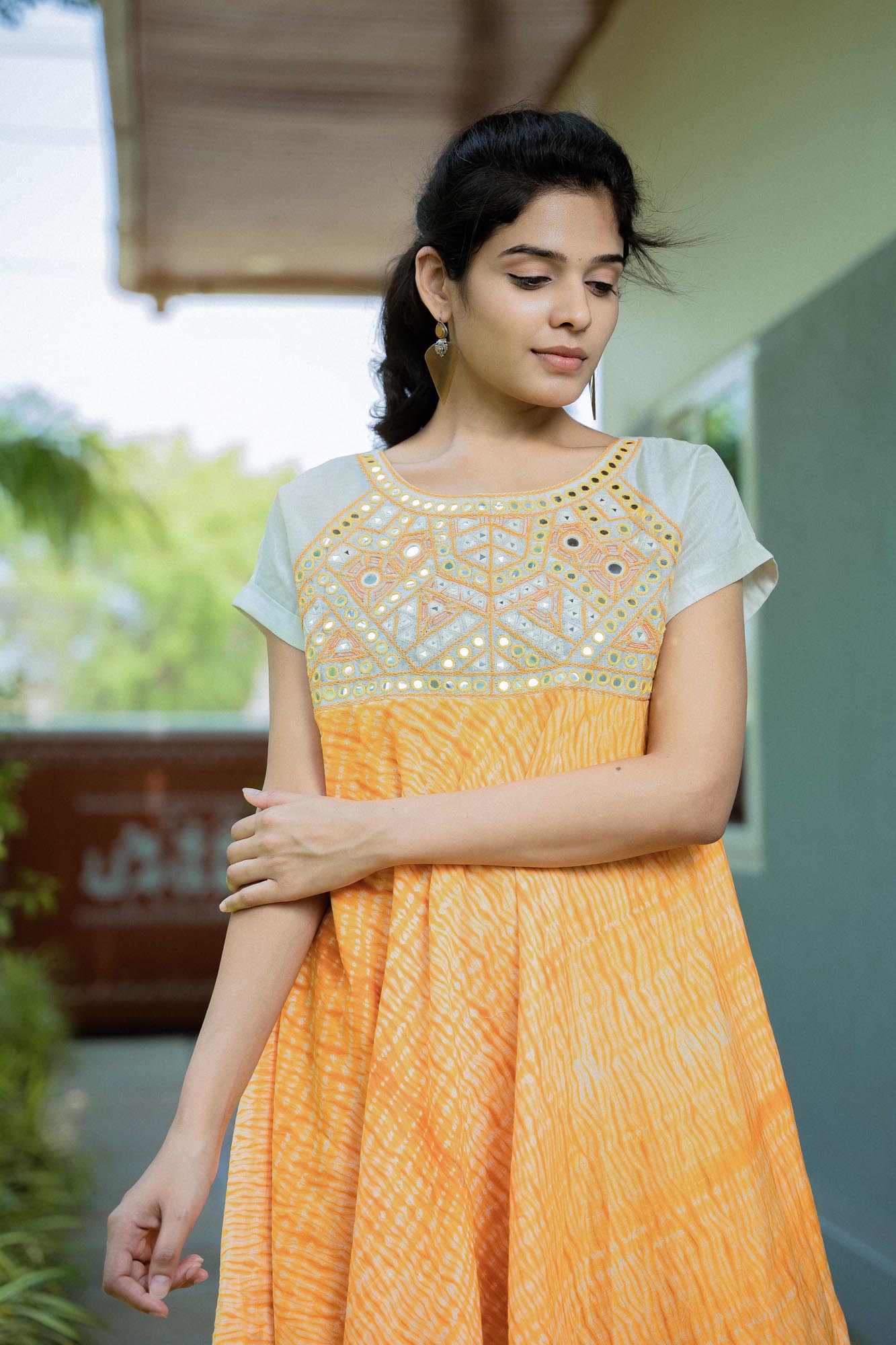 Orange Shibori Mirror Embroidered Dress