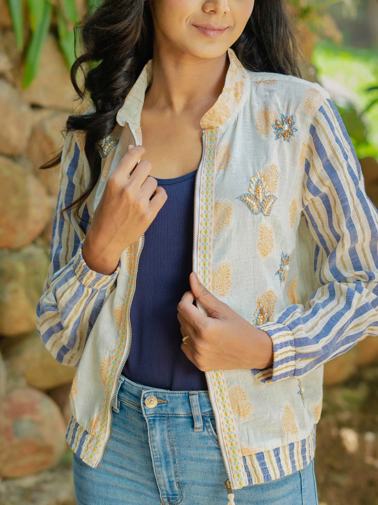Off-White Cotton Jacket with Hand Embroidered