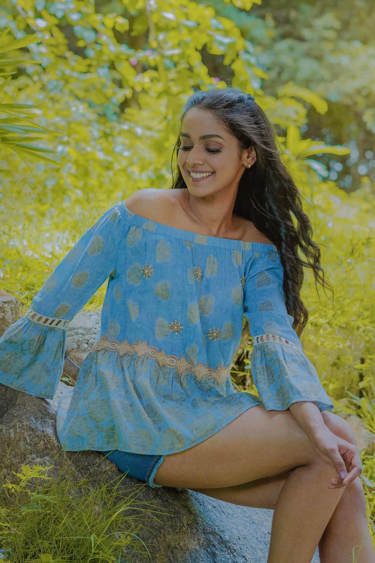 Light Blue Embellished Cotton Off Shoulder Top with Embellishments