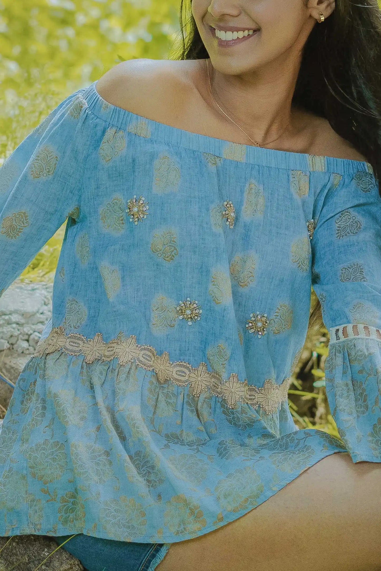 Light Blue Embellished Cotton Off Shoulder Top with Embellishments