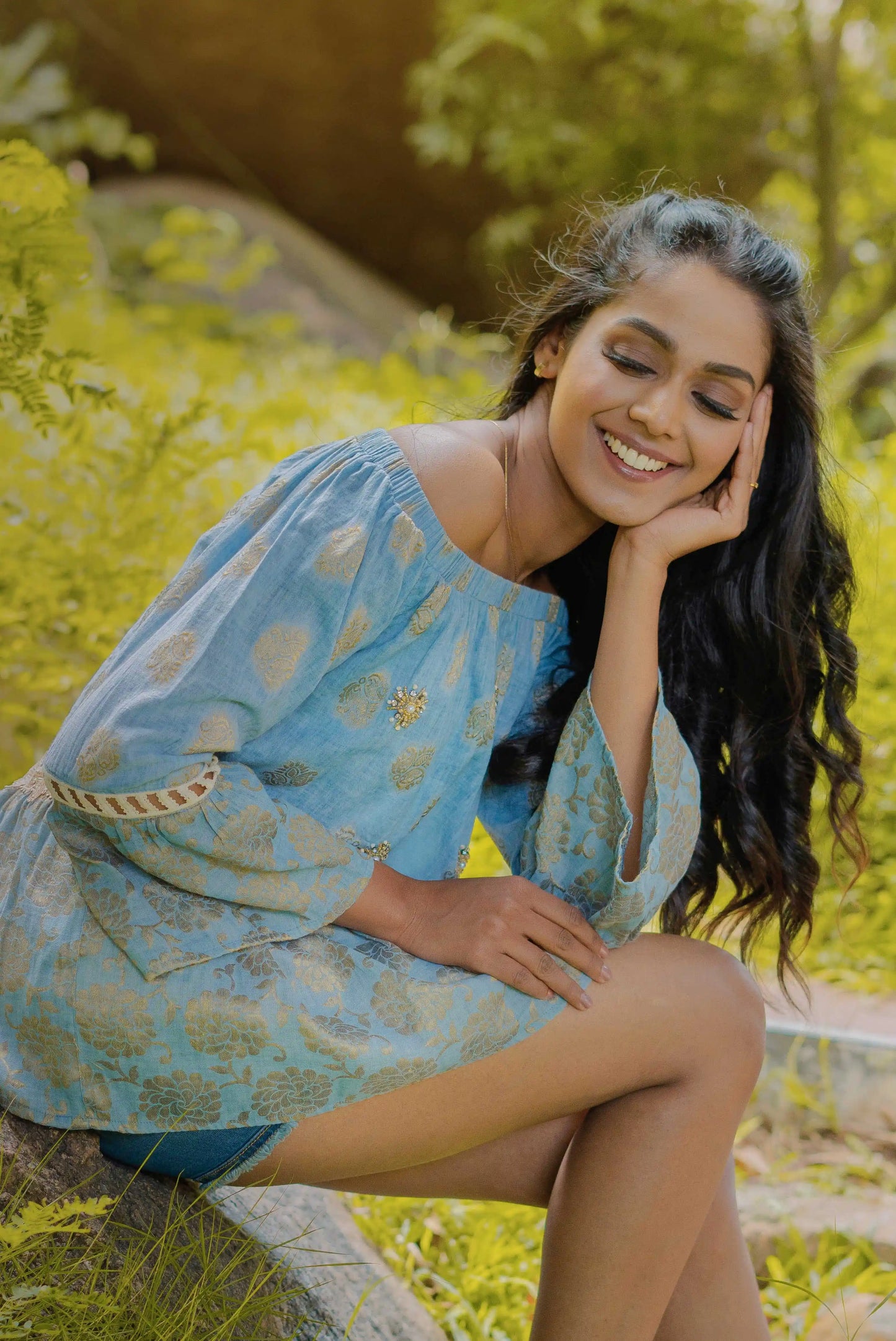 Light Blue Embellished Cotton Off Shoulder Top with Embellishments