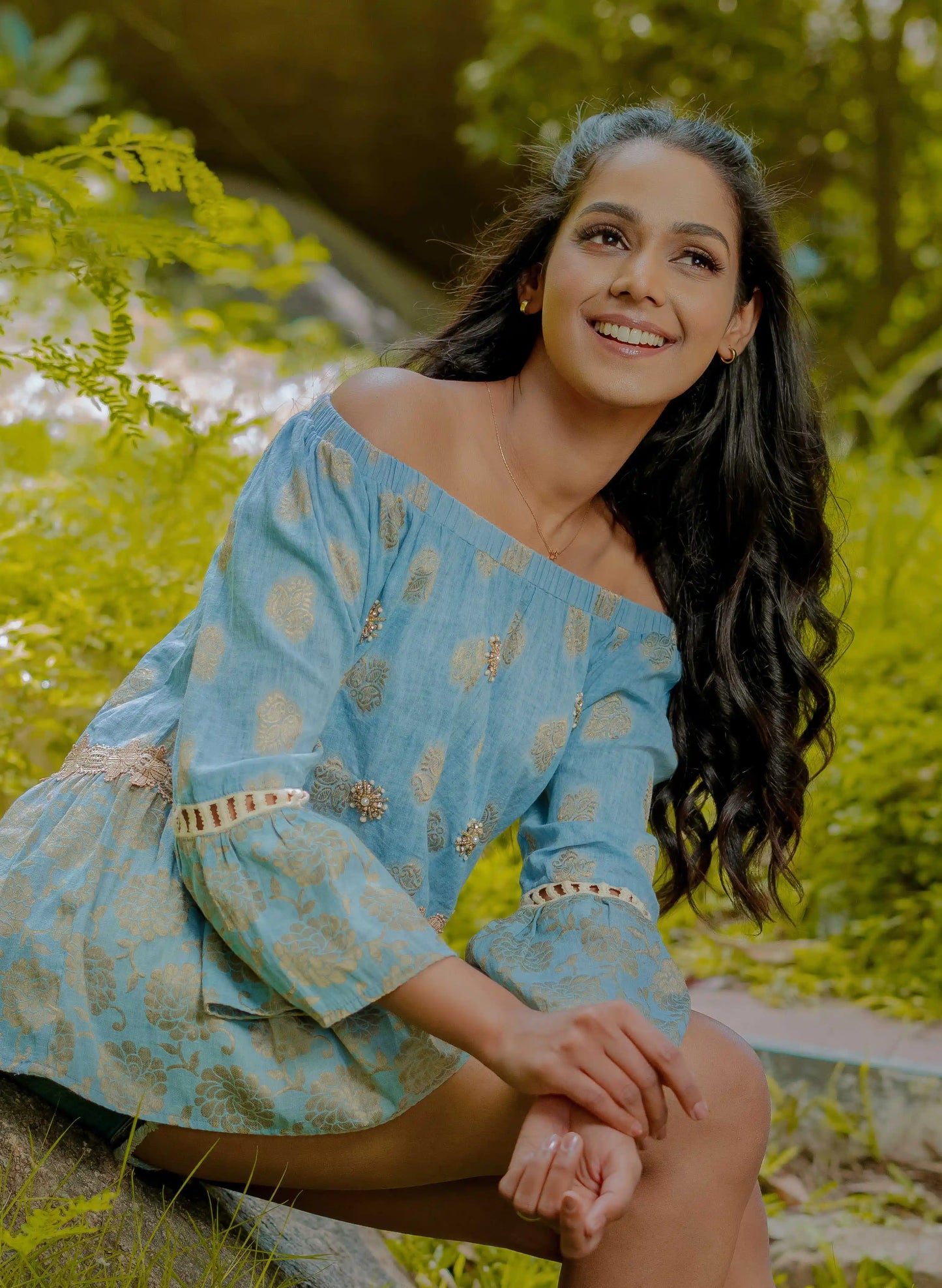 Light Blue Embellished Cotton Off Shoulder Top with Embellishments