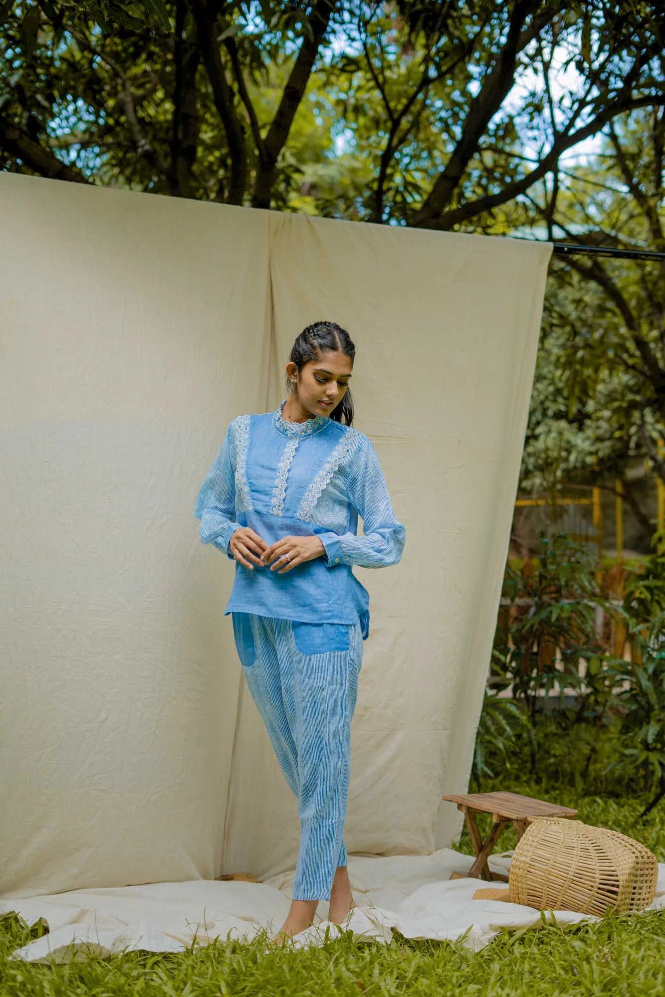 Lace Collar Blue Cotton Tunic/ Top