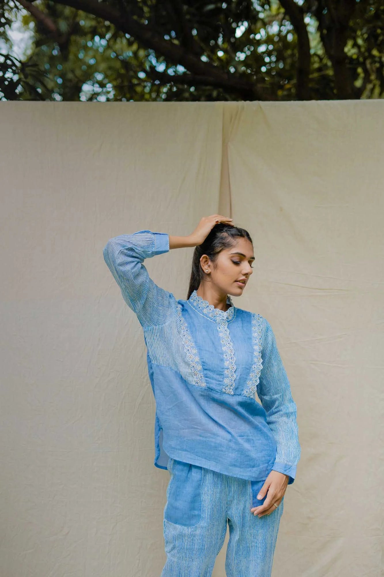 Lace Collar Blue Cotton Tunic/ Top