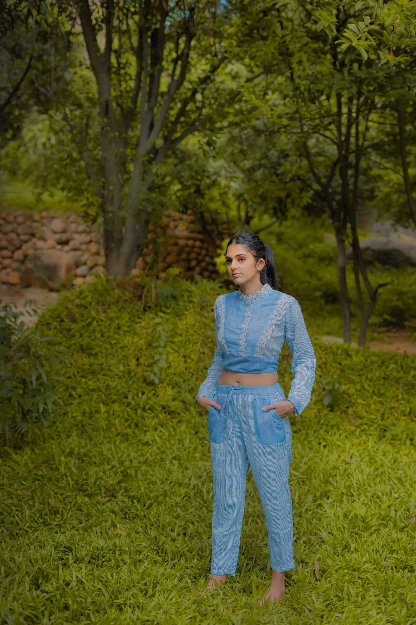 Lace Collar Blue Cotton Tunic/ Top