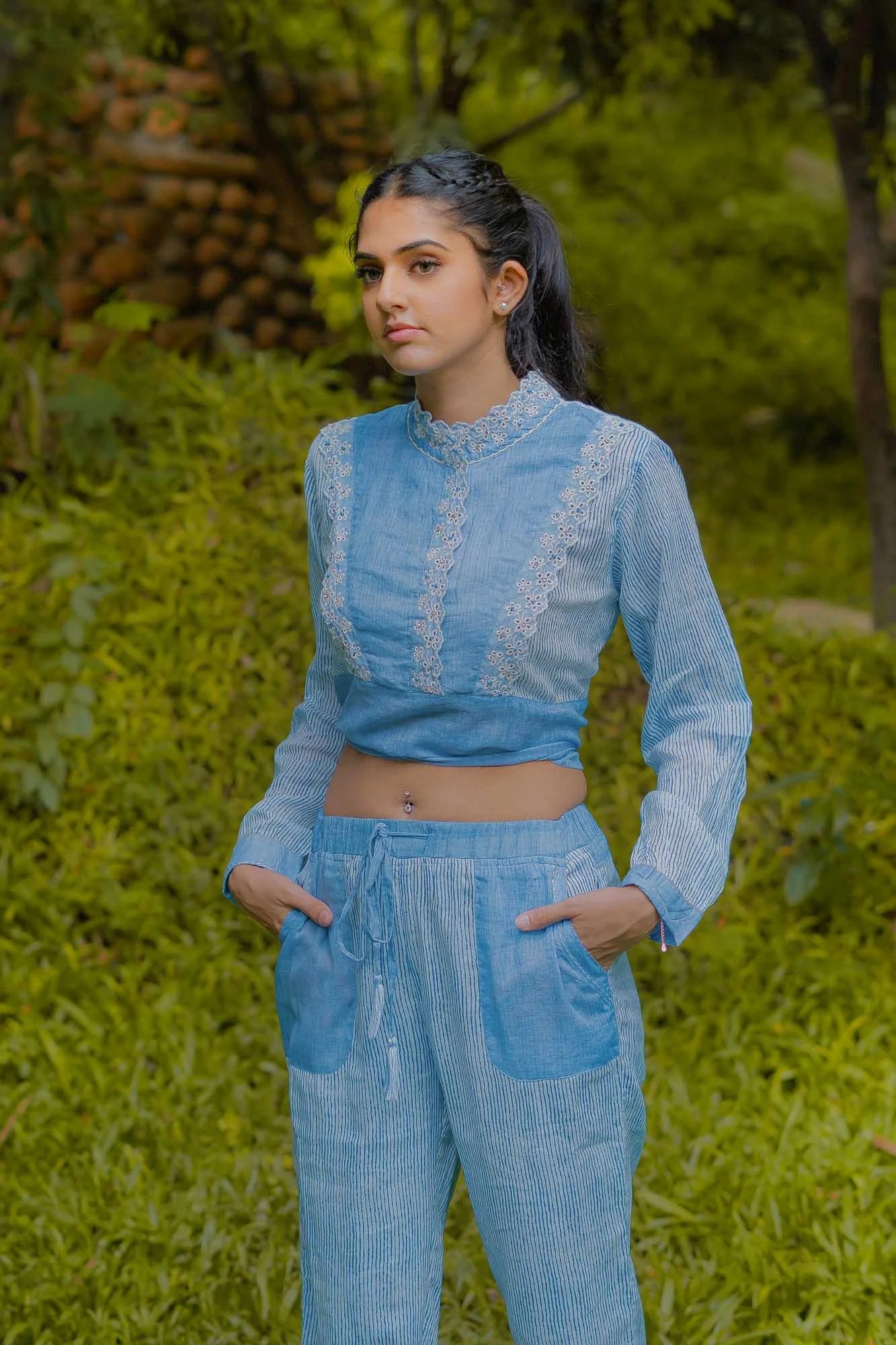 Lace Collar Blue Cotton Tunic/ Top