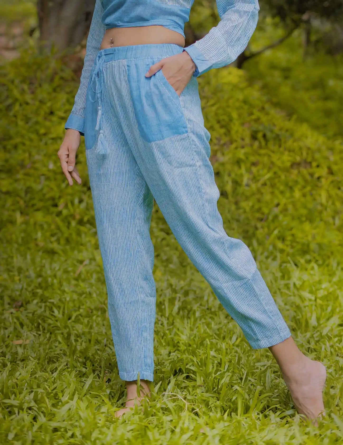 Blue Cotton Stripe Pant with Embroidery Detail